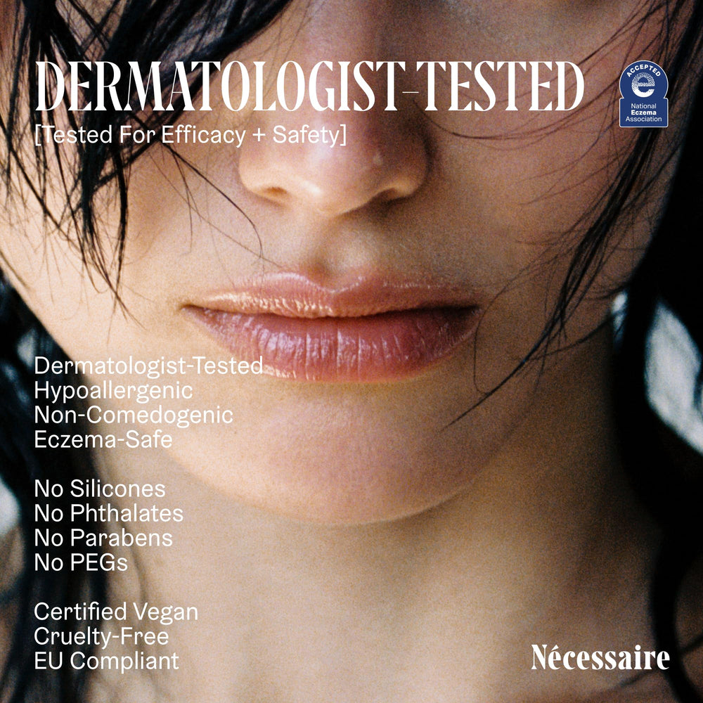 Nécessaire ingredient label detail highlighting hyaluronic and niacinamide benefits