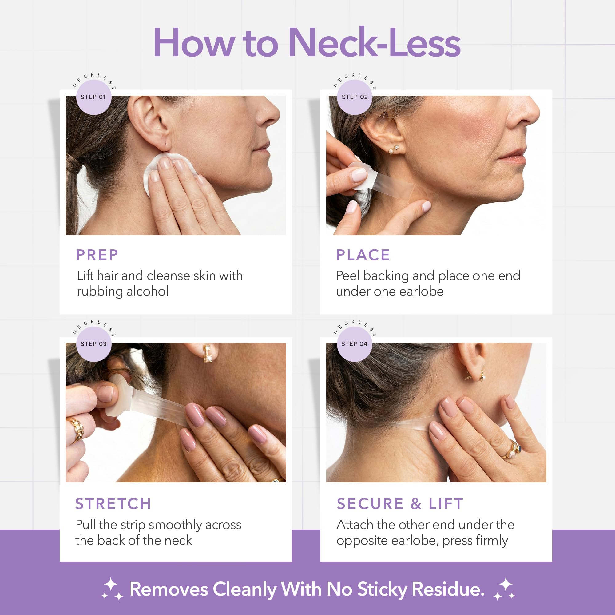 NECK LESS adhesive label detail highlighting medical-grade gentle hold