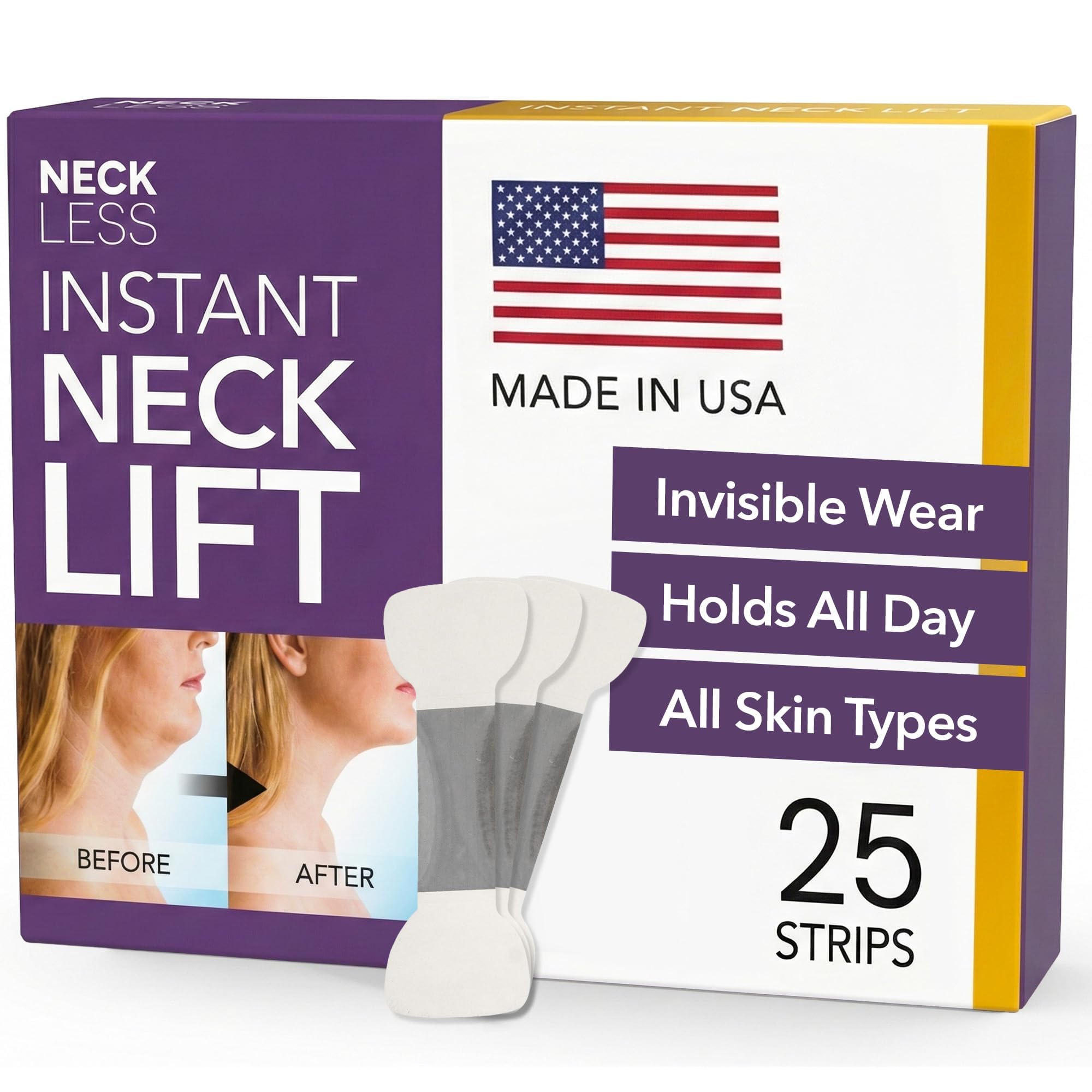 NECK LESS front packaging showing 25-count professional lift strips and benefits