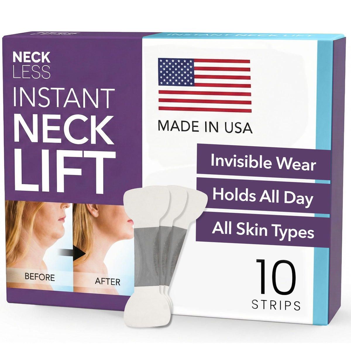 NECK LESS front packaging showing 10-count box and benefits