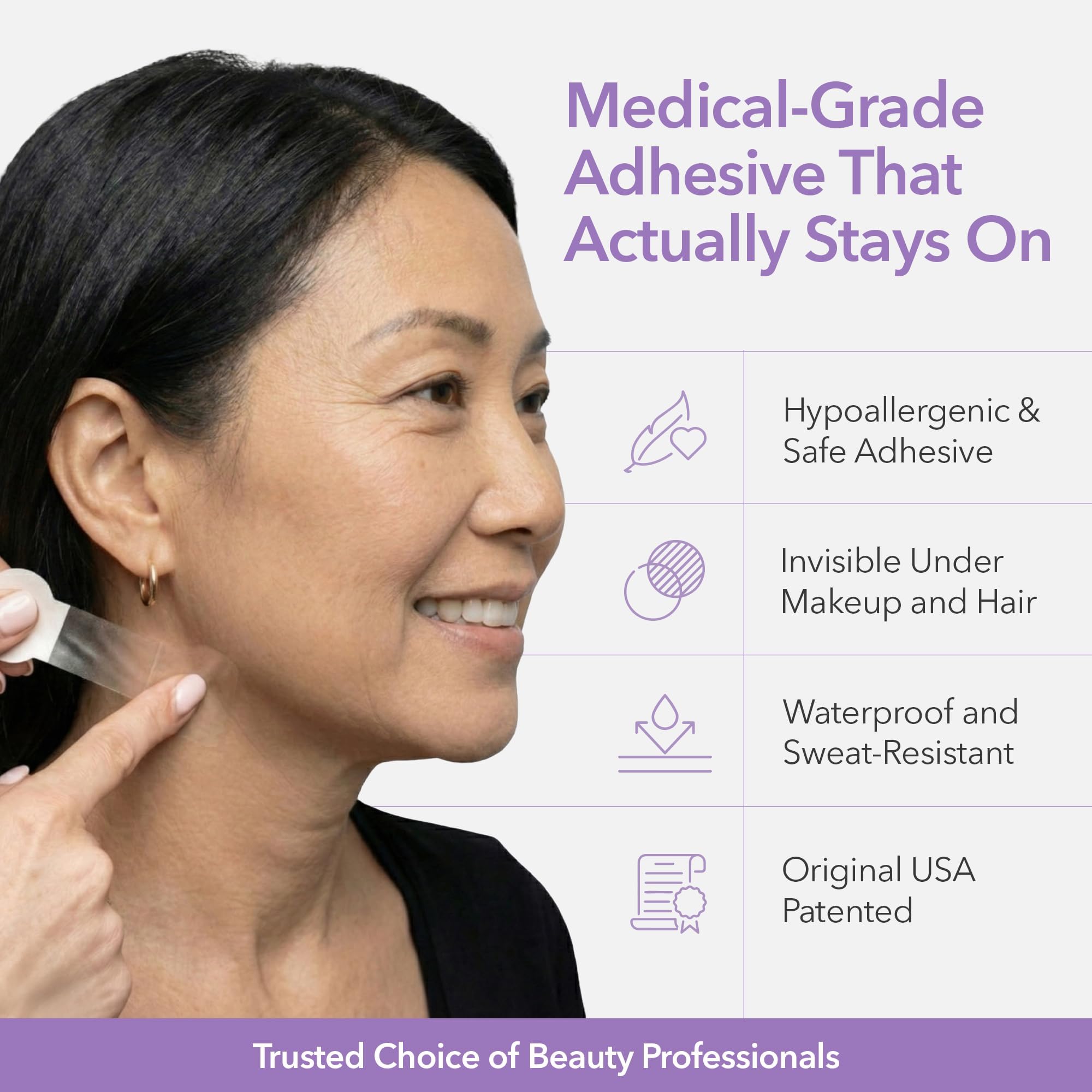NECK LESS strip concealed under makeup demonstrating invisible all-day wear