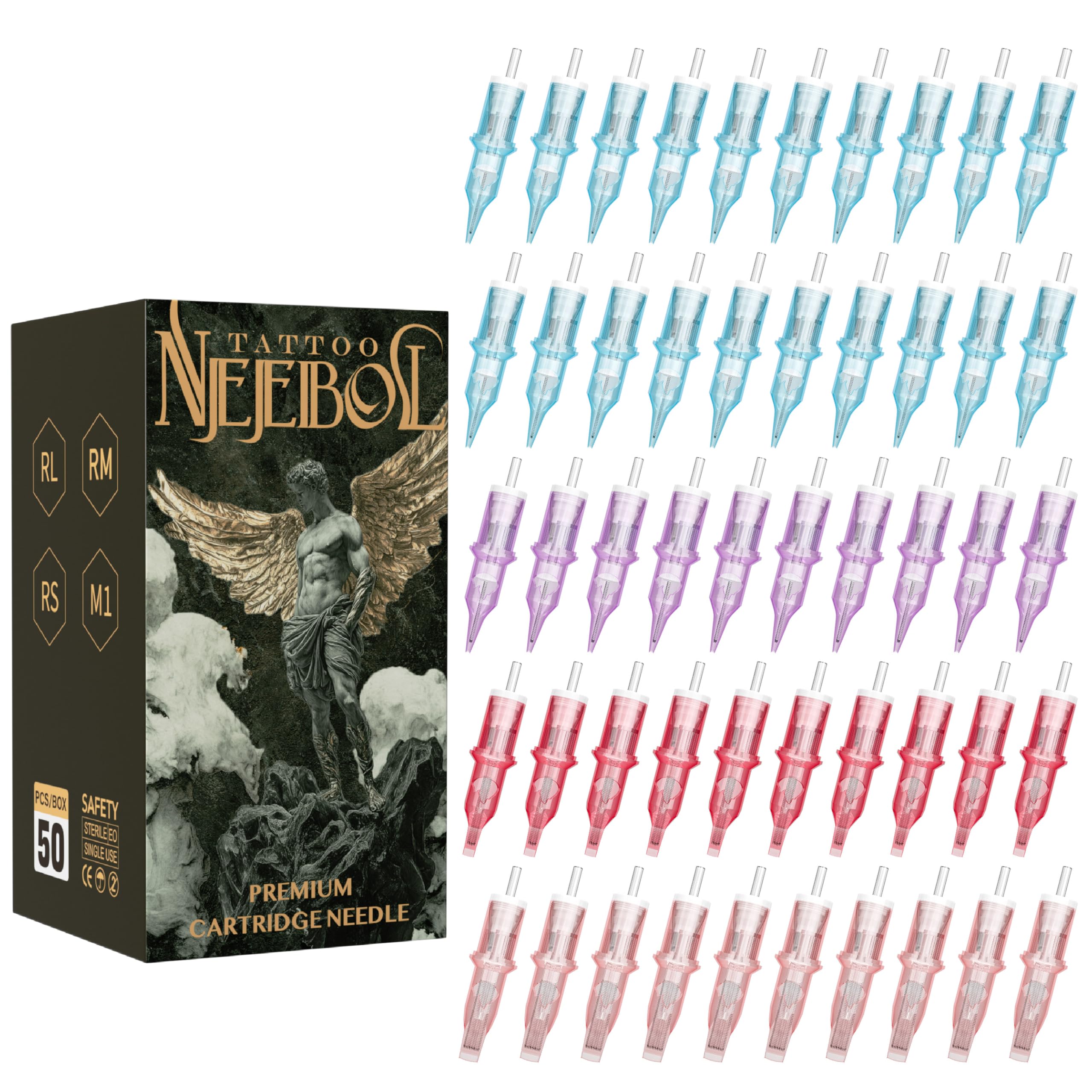 Neebol front packaging showing sealed 50pcs mixed cartridges and quick identification benefit