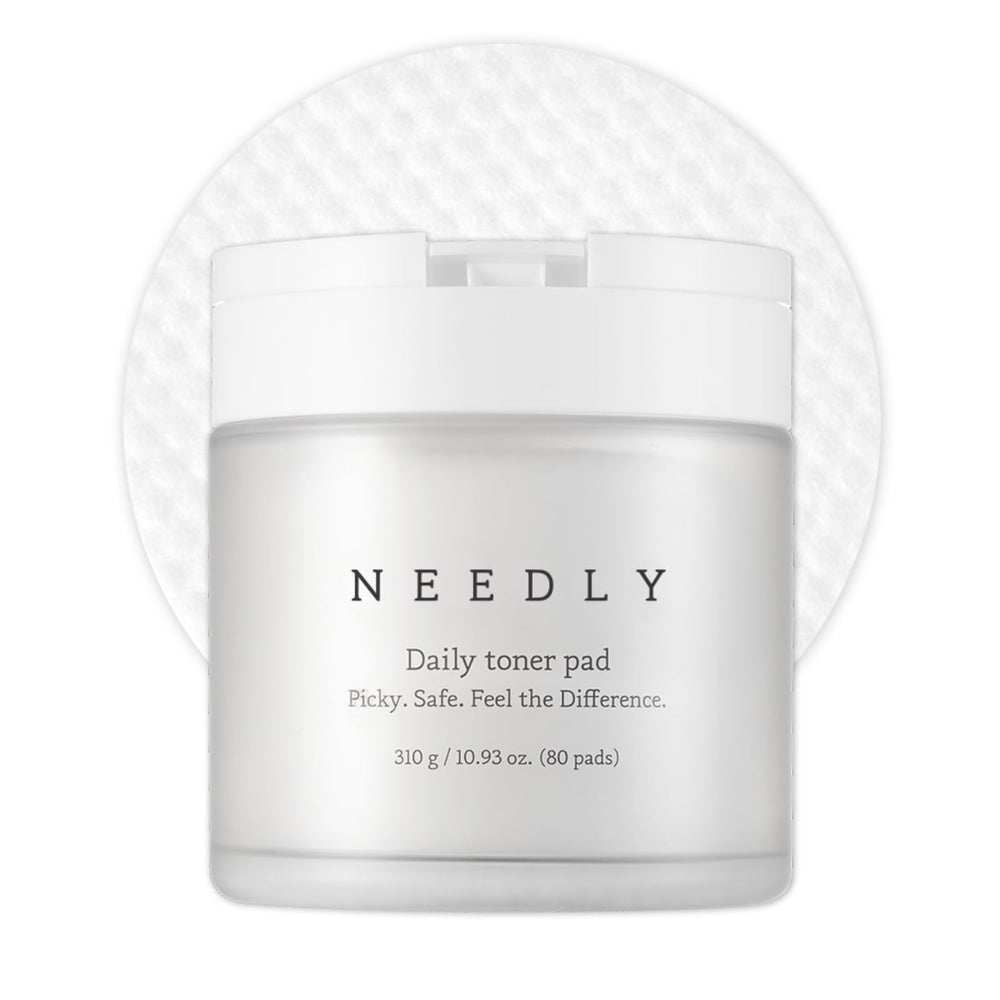 NEEDLY front packaging showing 80 exfoliating toner pads and product benefits