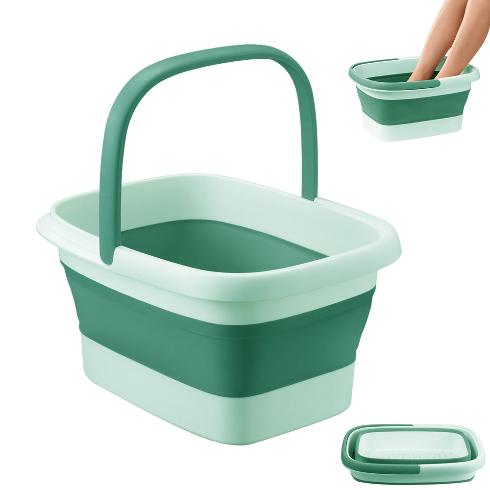 Neeklinny front view of green collapsible foot bath shows capacity and design benefit