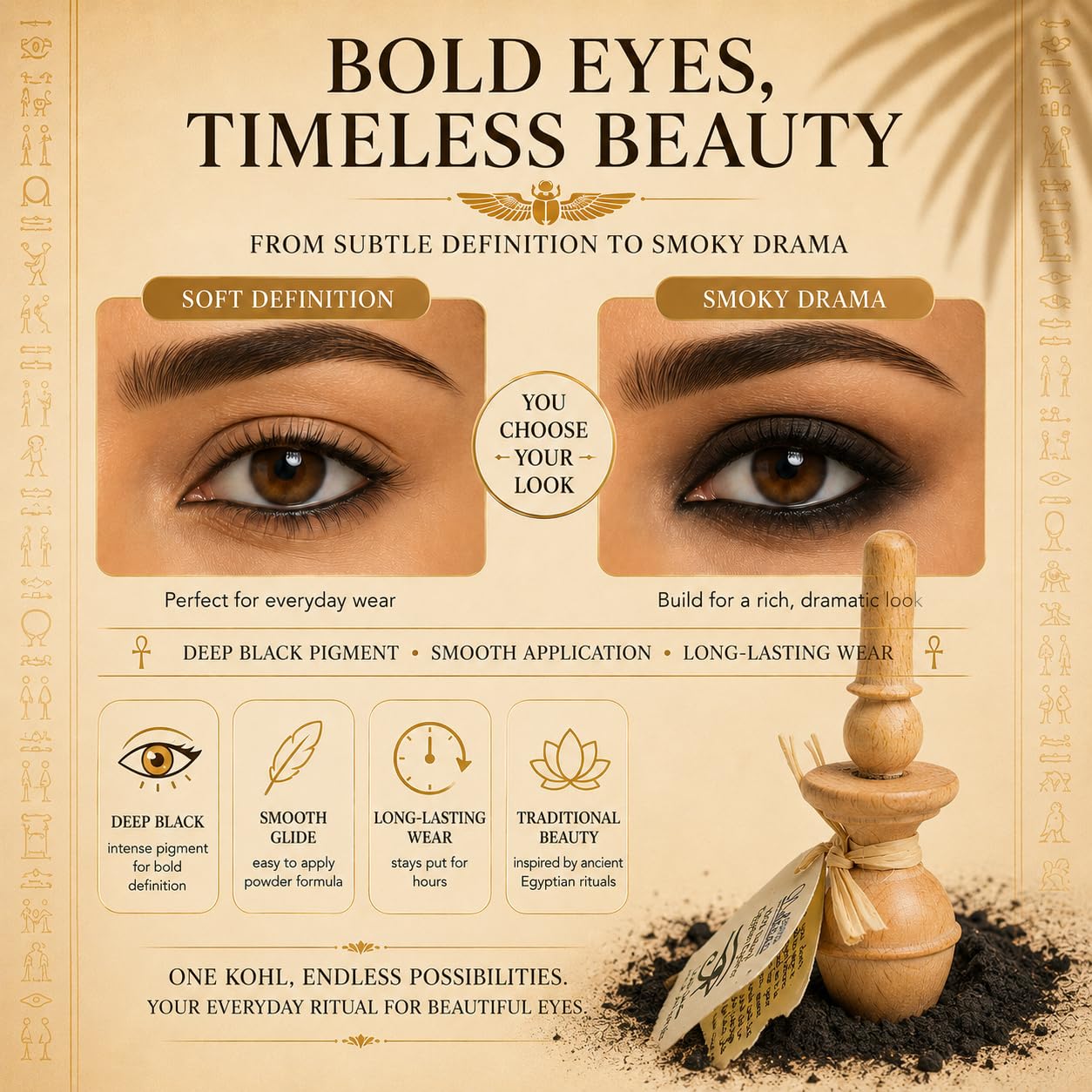 Nefertari angled brush applying powder for precise, buildable eyeliner control