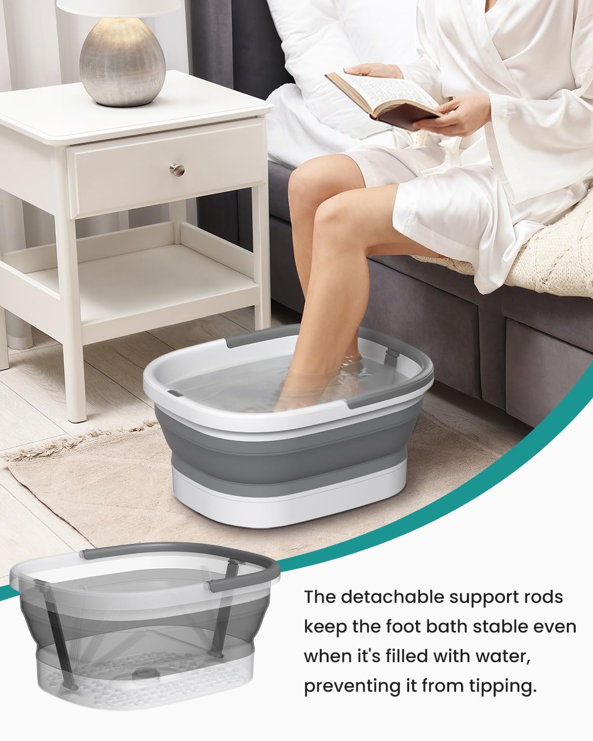Nekteck basin with feet inside showing scale and fit for up to 12-inch feet