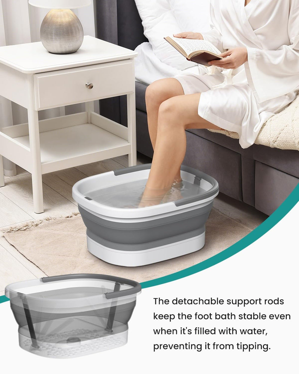 Nekteck basin with feet inside showing scale and fit for up to 12-inch feet