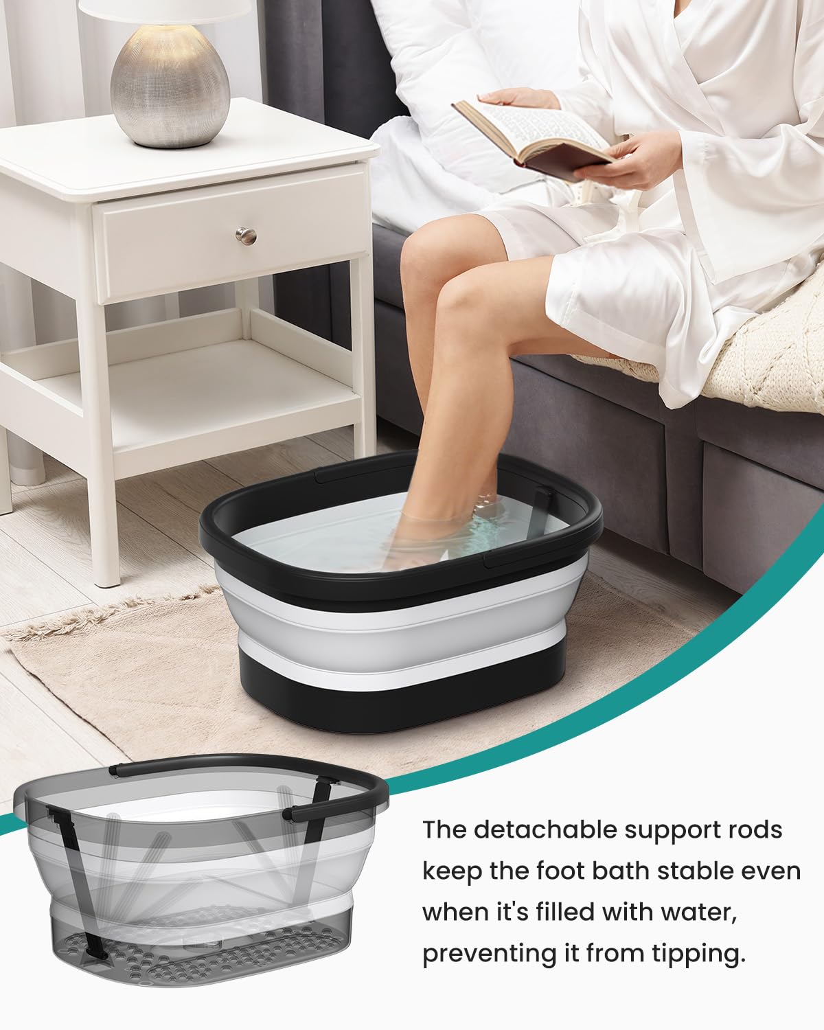 Nekteck removable side support bars demonstrating stable soak sessions benefit