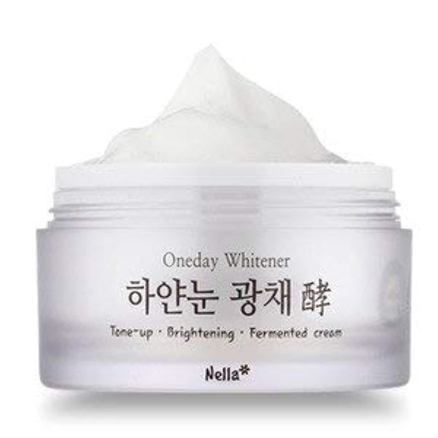 Nella front jar showing tone-up cream branding and immediate radiance