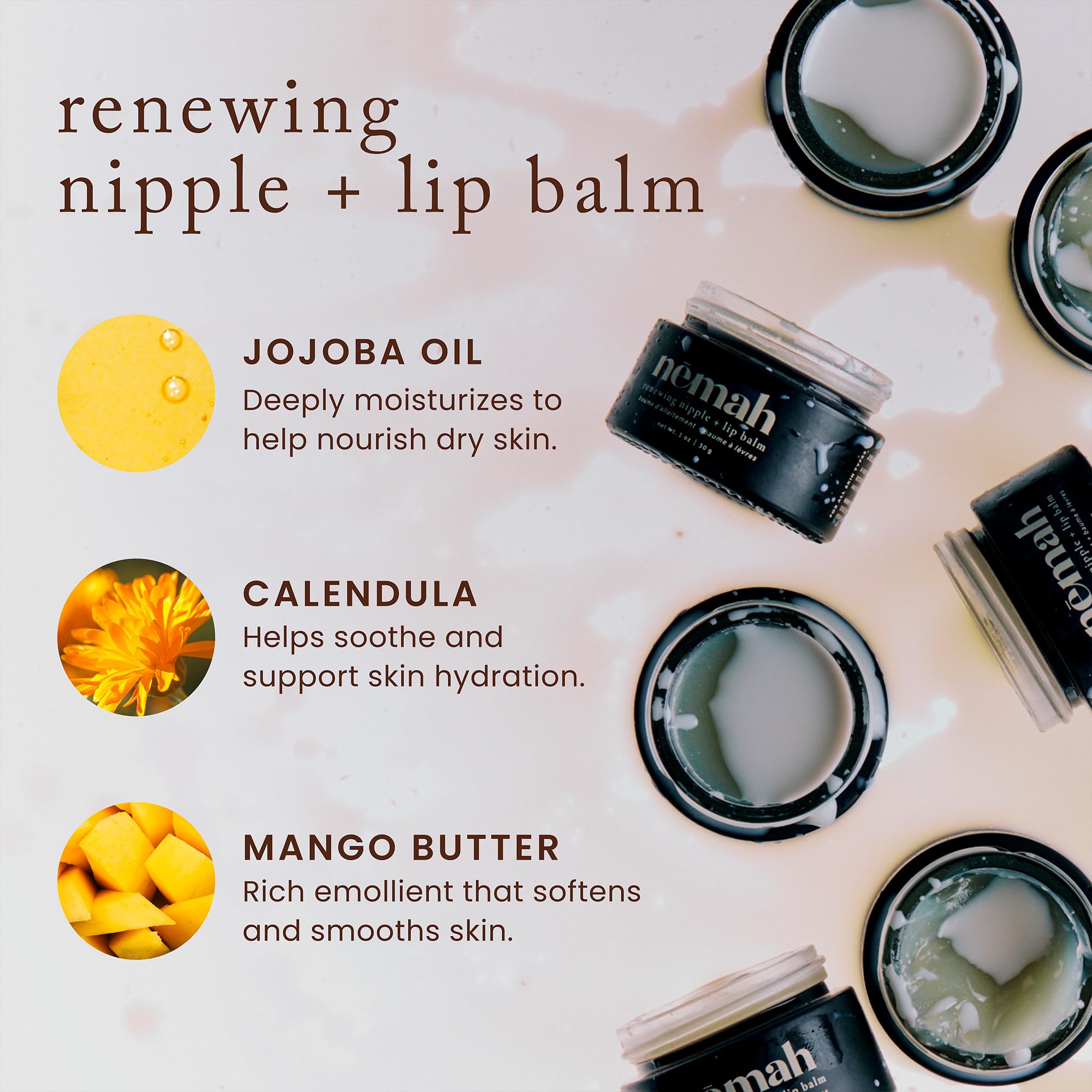 Nemah open jar revealing creamy surface for easy fingertip application