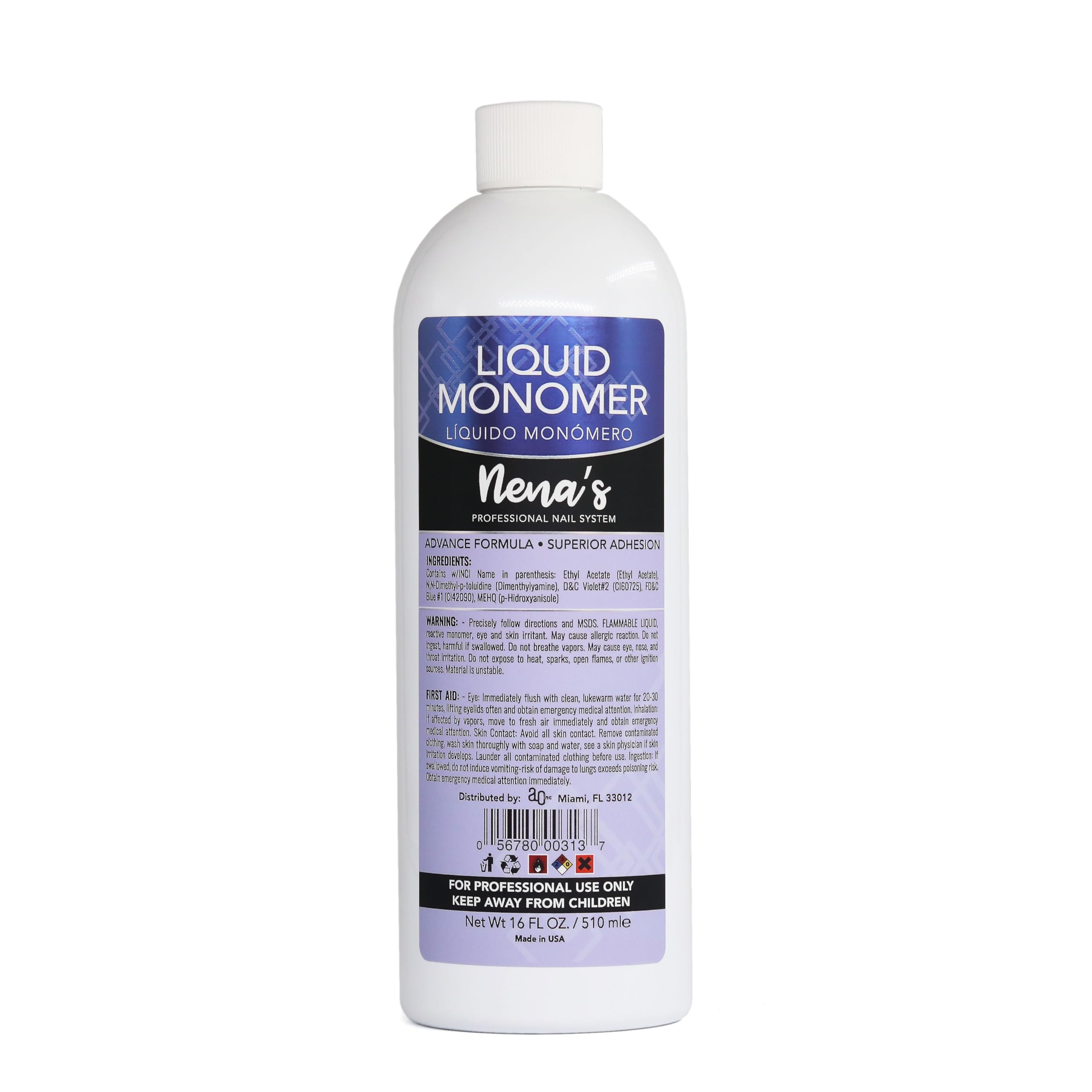 Nena's front bottle view showing professional 16 fl oz monomer and easy-pour benefit