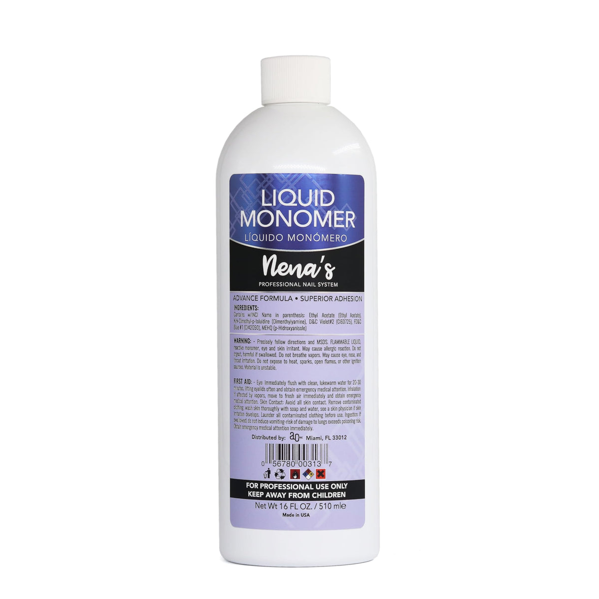 Nena's front bottle view showing professional 16 fl oz monomer and easy-pour benefit