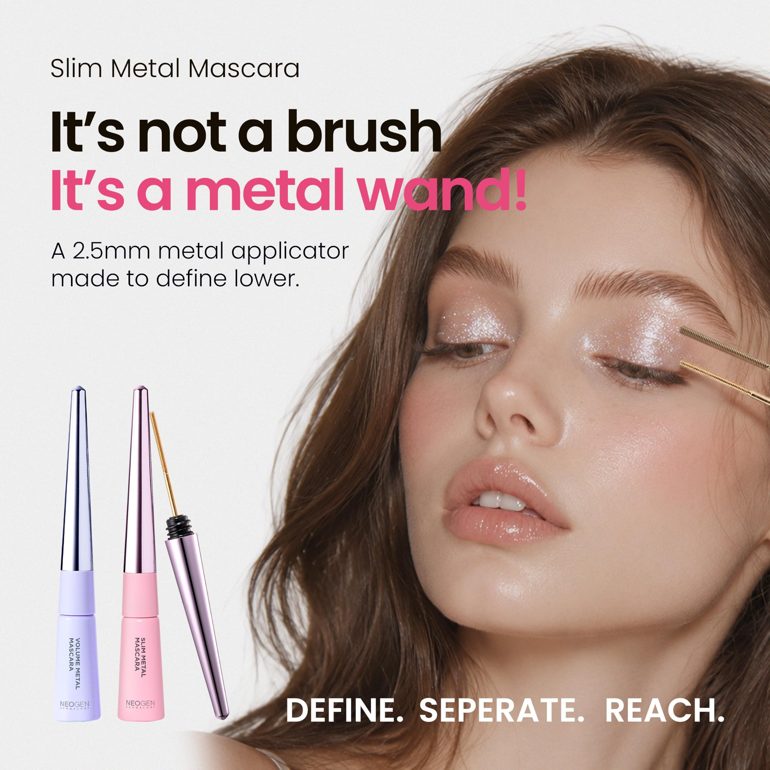 NEOGEN Dermalogy metal brush close-up demonstrating precise 2.5mm tip benefit: exact lash access