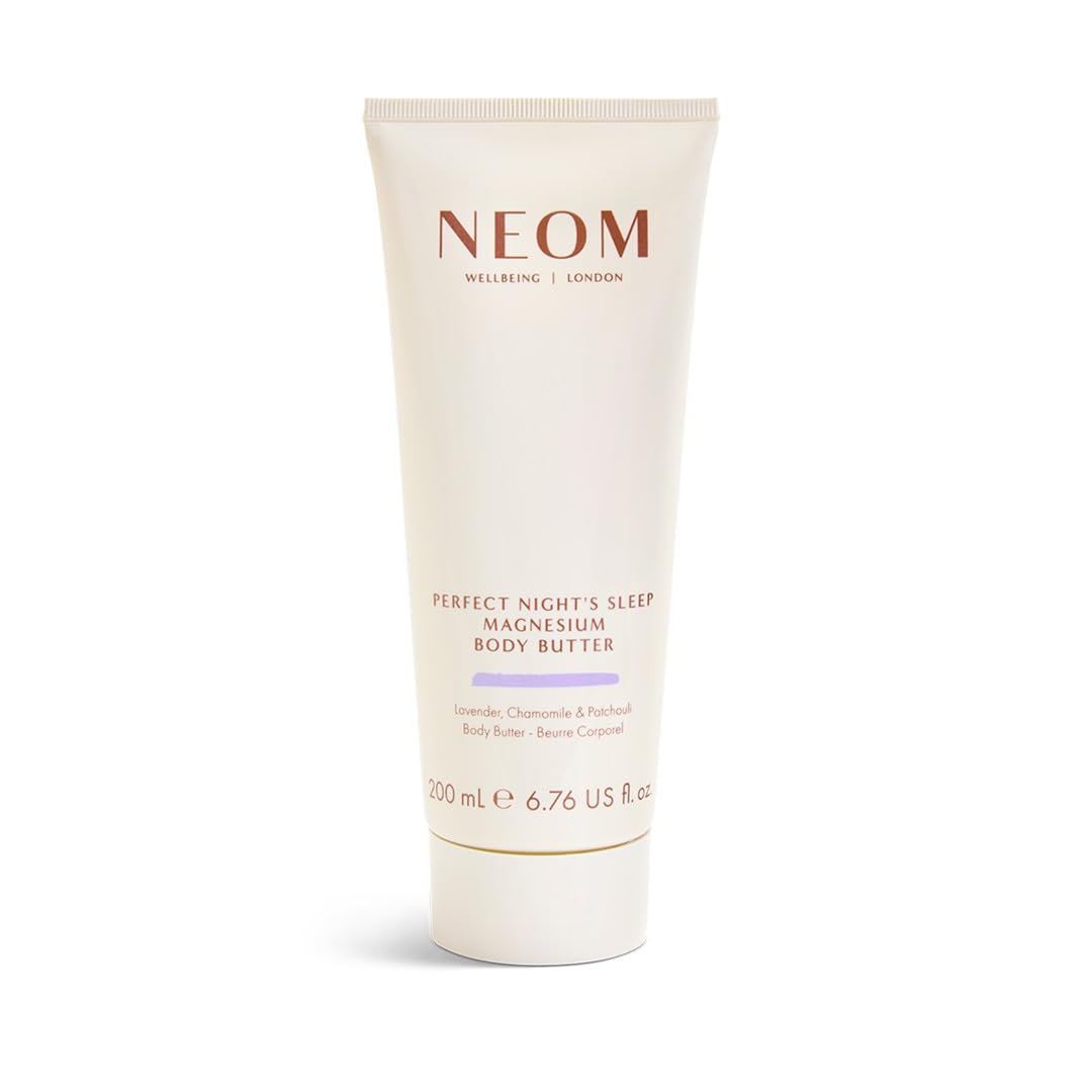 Neom body butter front packaging showing 200ml tub and calming lavender scent benefits