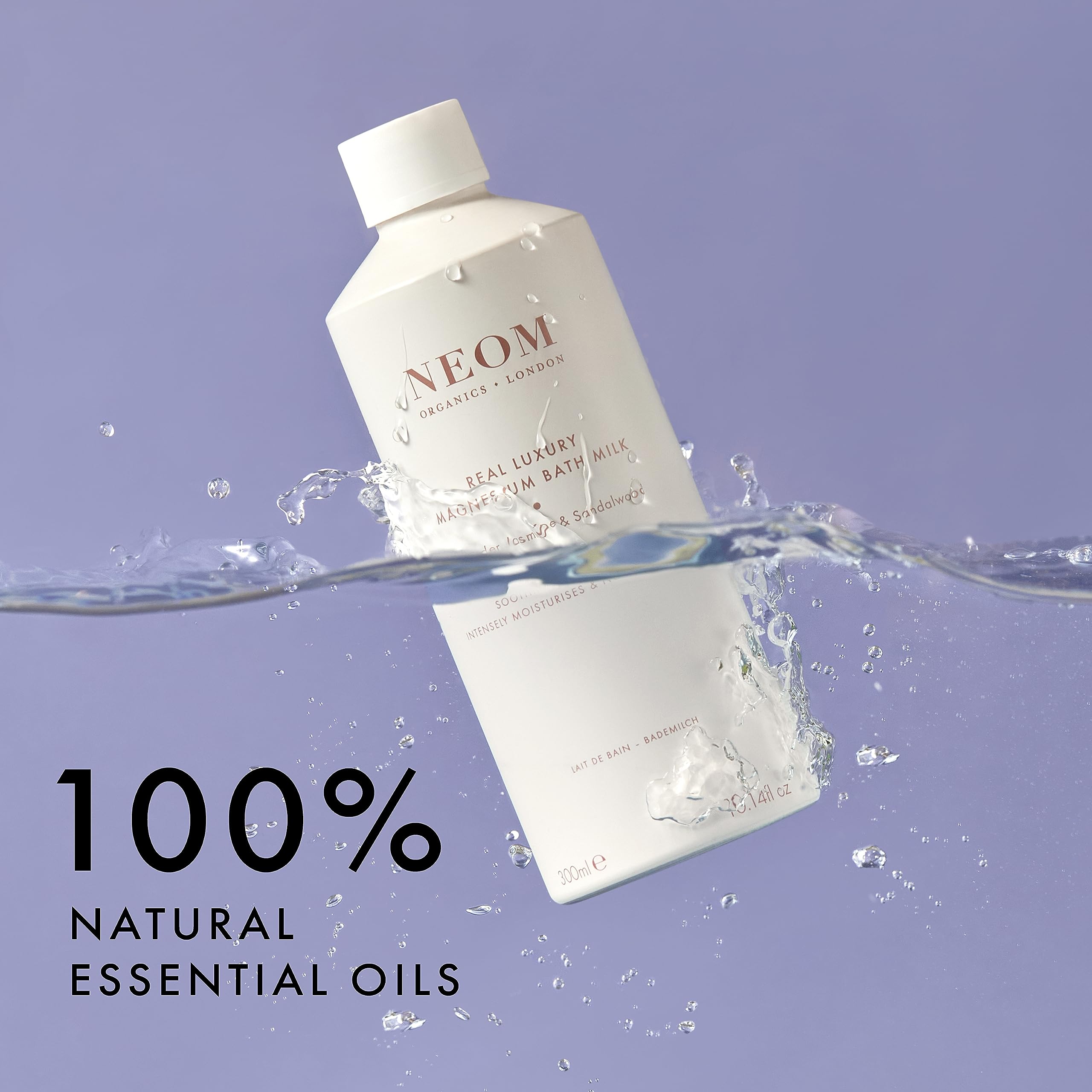 NEOM arrangement of jojoba argan and lavender essential oils showing nourishing ingredients