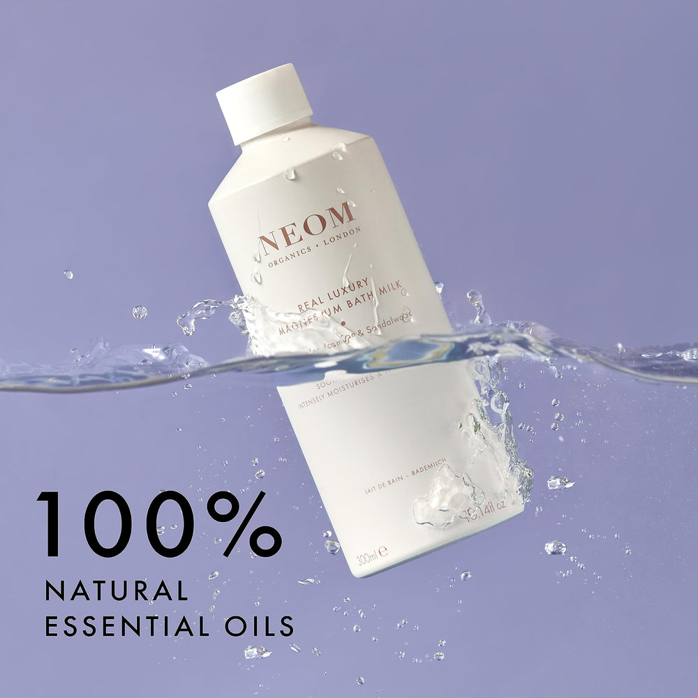 NEOM arrangement of jojoba argan and lavender essential oils showing nourishing ingredients