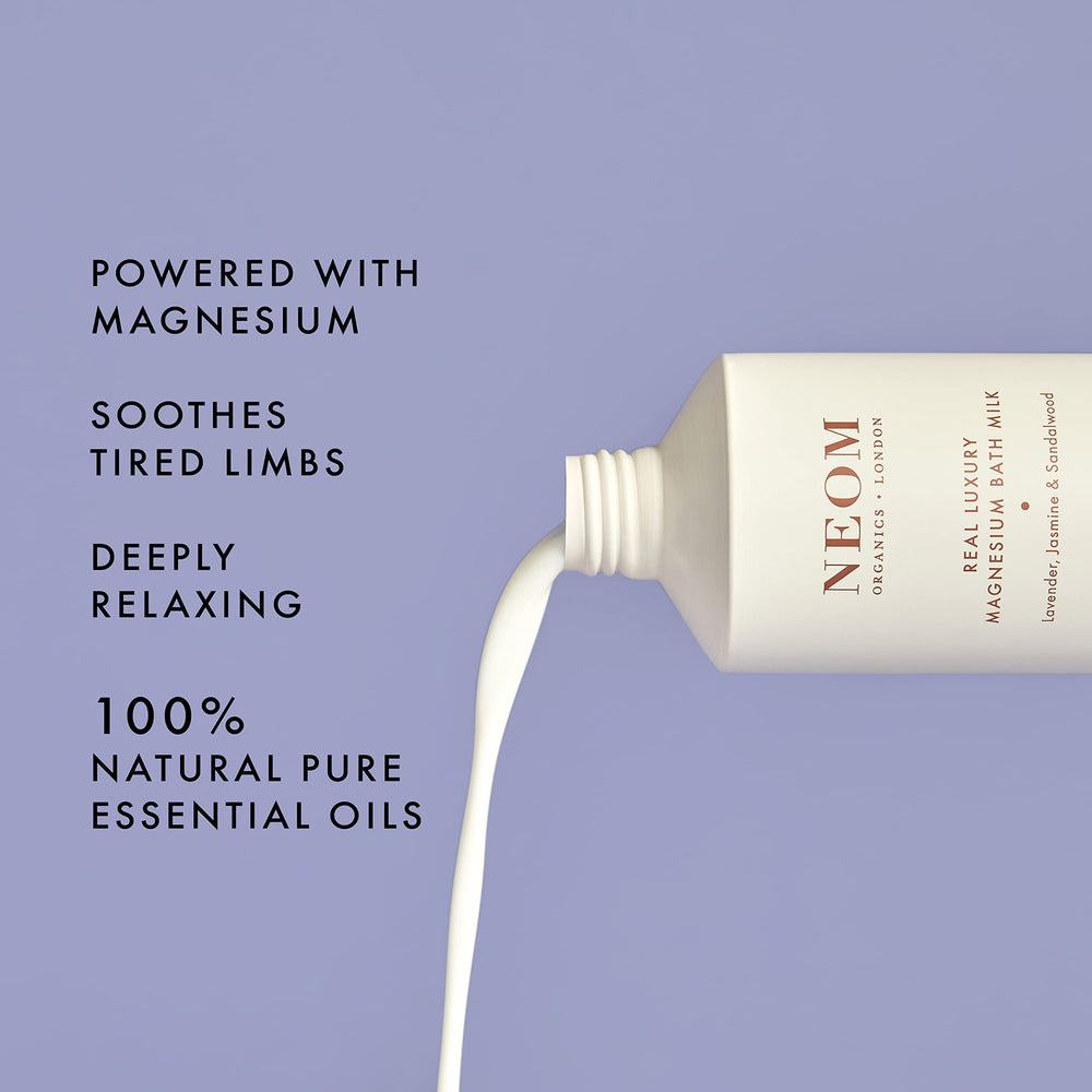 NEOM bottle pouring bath milk into tub demonstrating easy application and relaxation