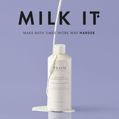 NEOM close-up of milky bath texture highlighting softening skin benefit