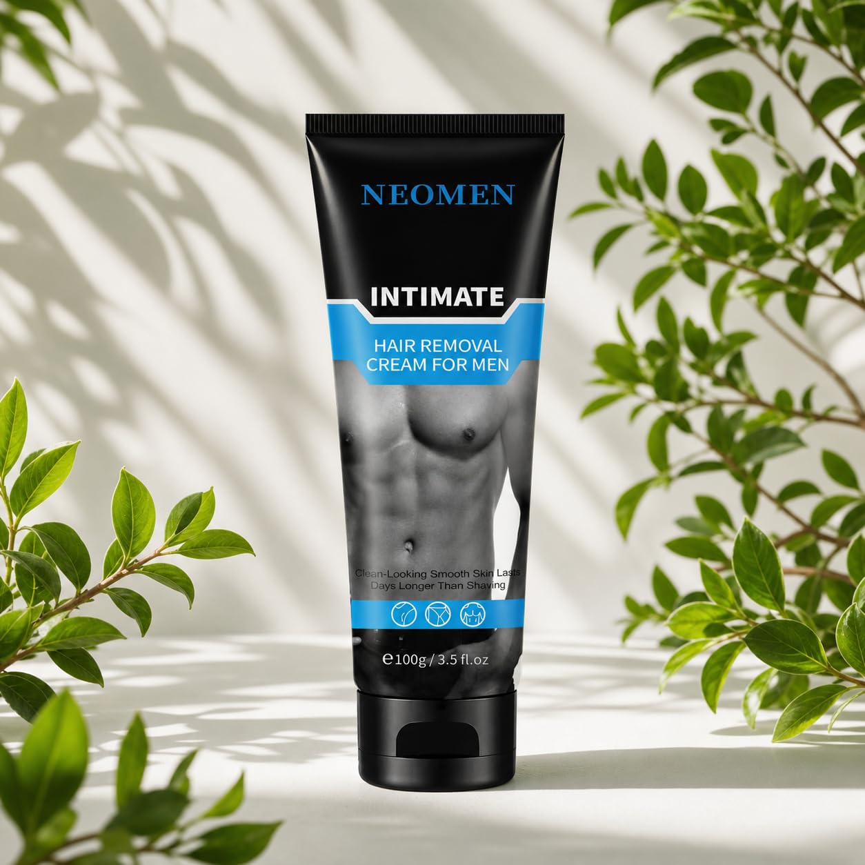 NEOMEN hand holding tube showing compact 3.5 oz size
