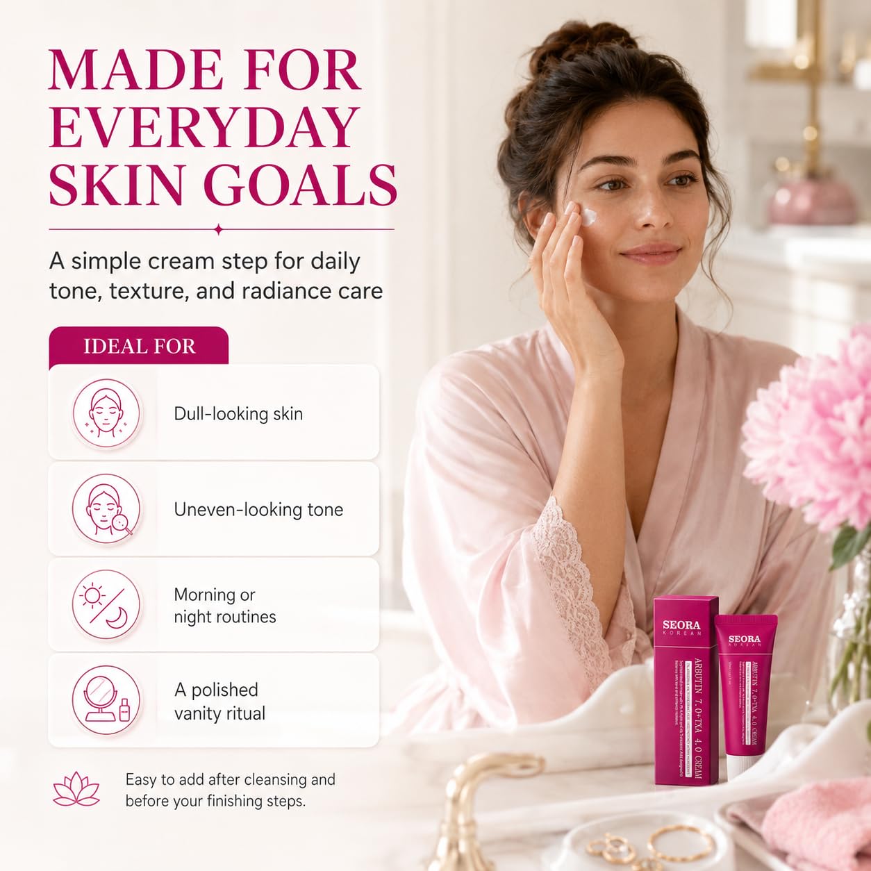 Nepimi SEORA on bathroom counter in routine setting showing everyday practicality
