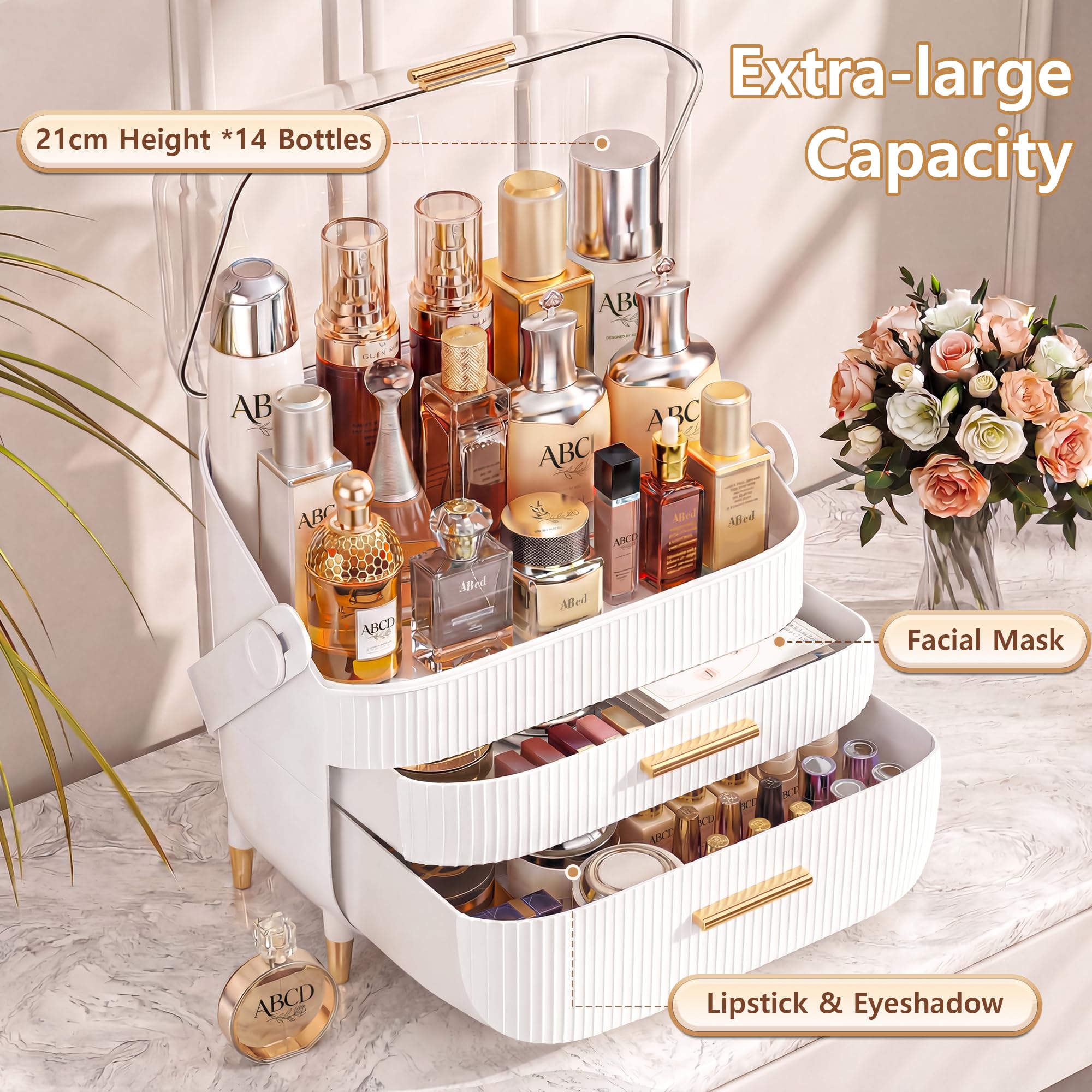 NestOrganix drawer filled with bottles and makeup demonstrating storage capacity