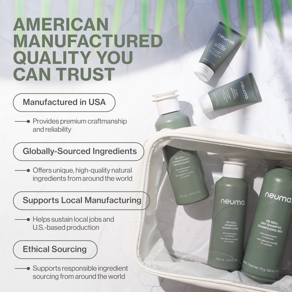 NEUMA bottle on bath shelf in lifestyle scene promoting refreshed daily routine
