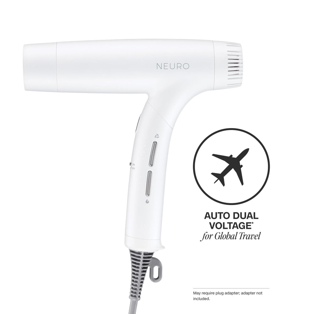 Neuro dryer folded next to storage bag highlighting travel-ready convenience