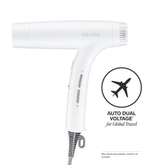 Neuro dryer folded next to storage bag highlighting travel-ready convenience