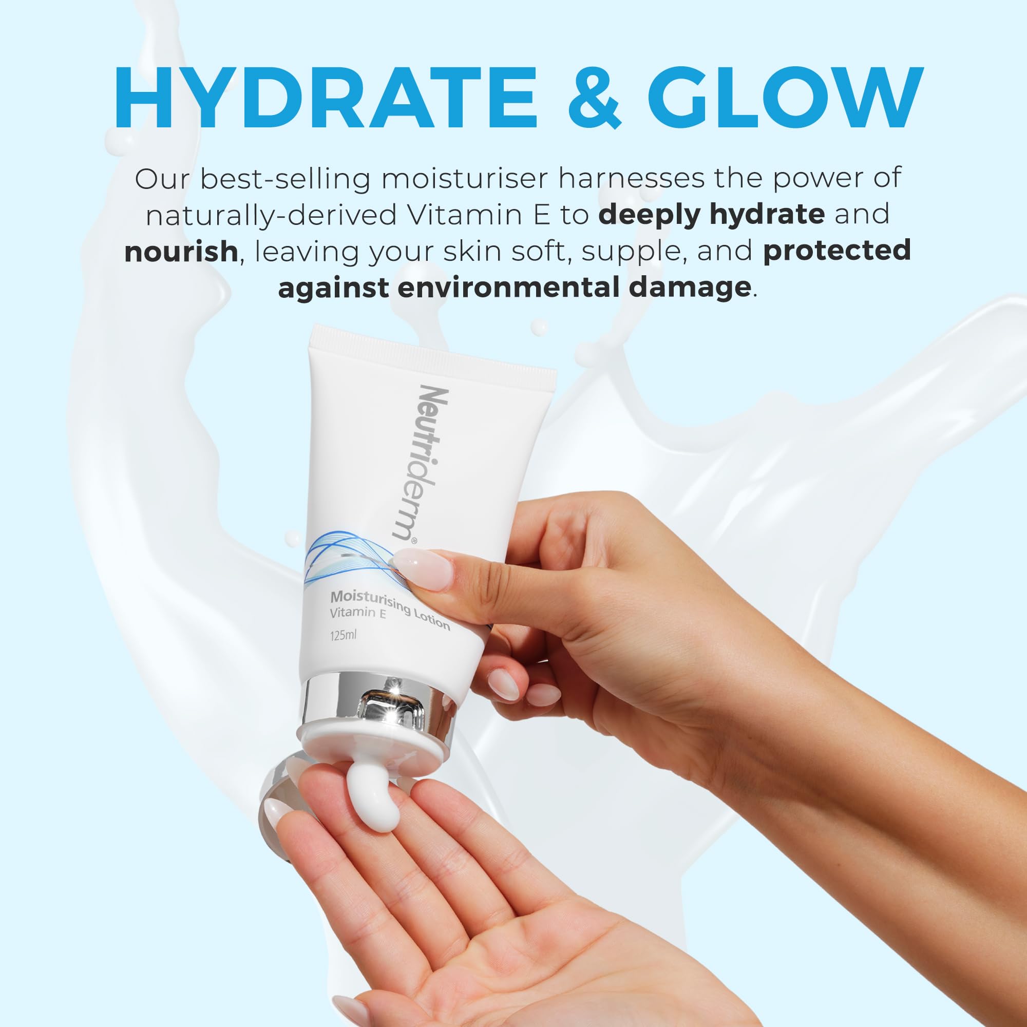 NEUTRIDERM lotion on hand and elbow demonstrating multi-area hydration
