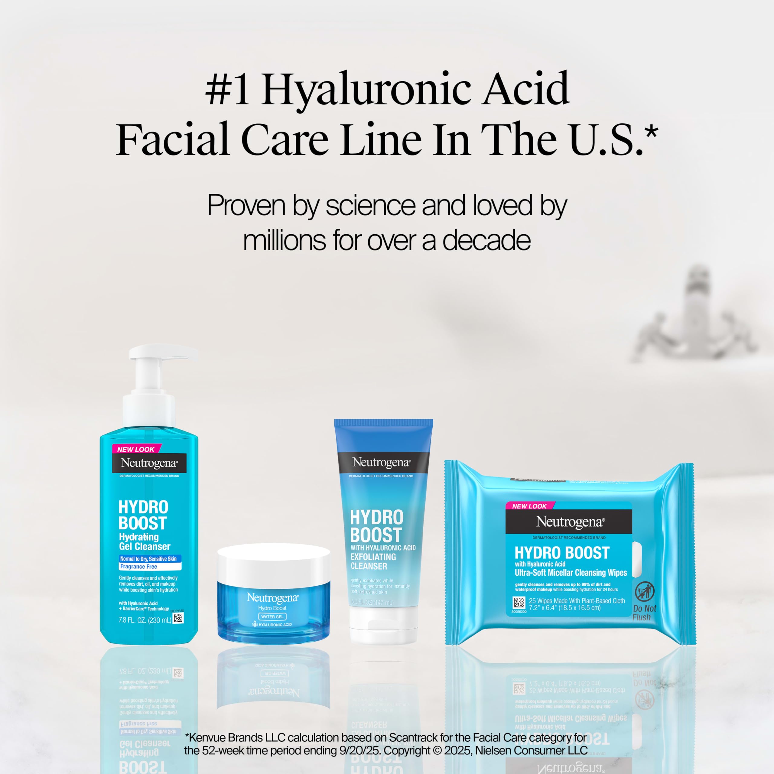 Neutrogena set on bathroom counter lifestyle image showing simple daily routine benefit