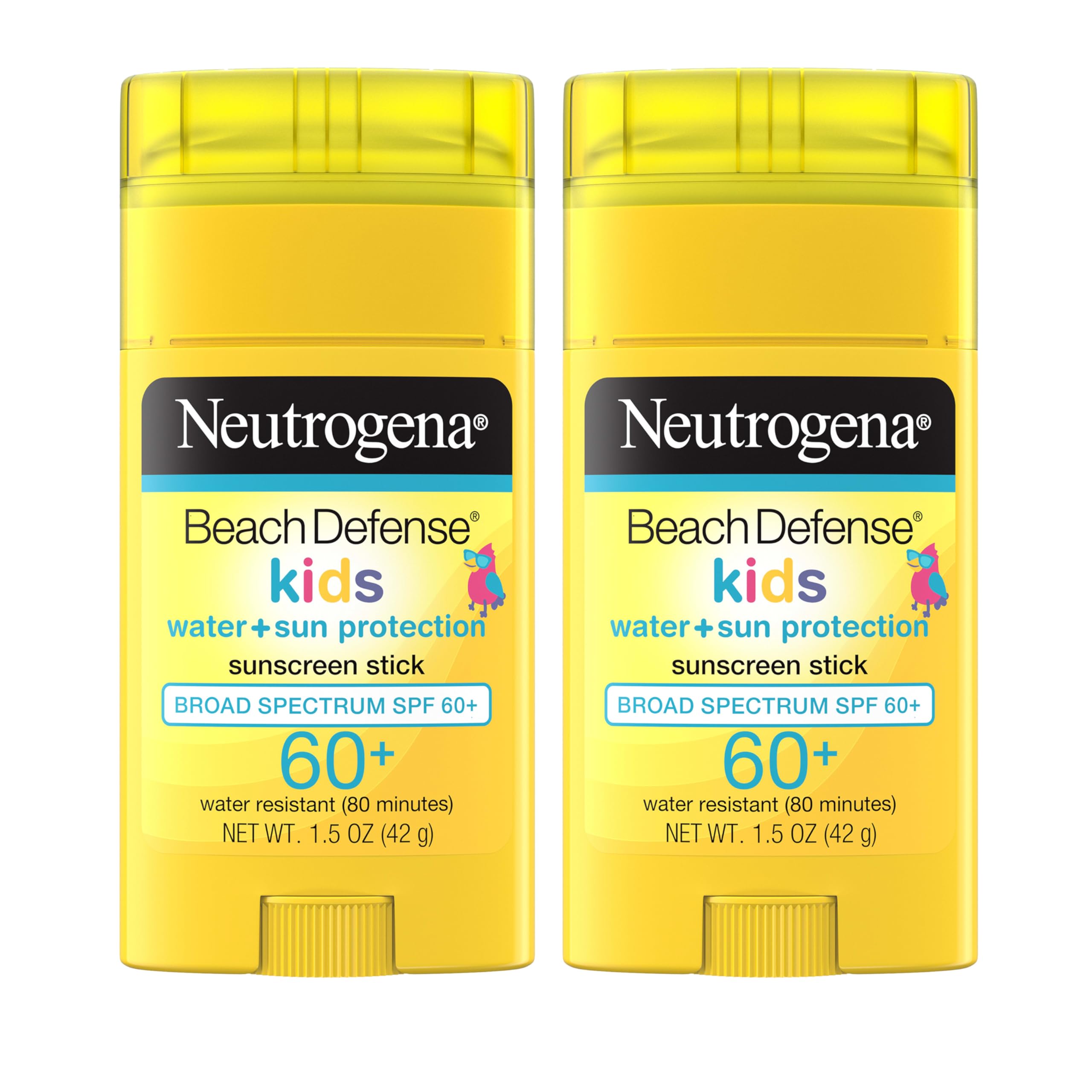 Neutrogena front packaging of the Beach Defense Kids sunscreen stick showing SPF 60+ for quick protection