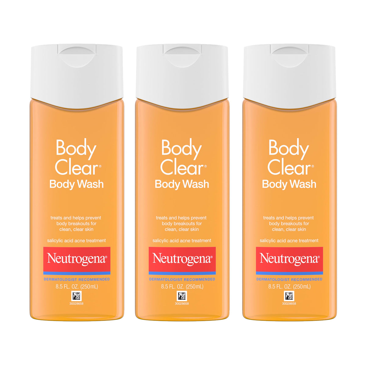 Neutrogena front packaging showing three bottles, clear acne care convenience