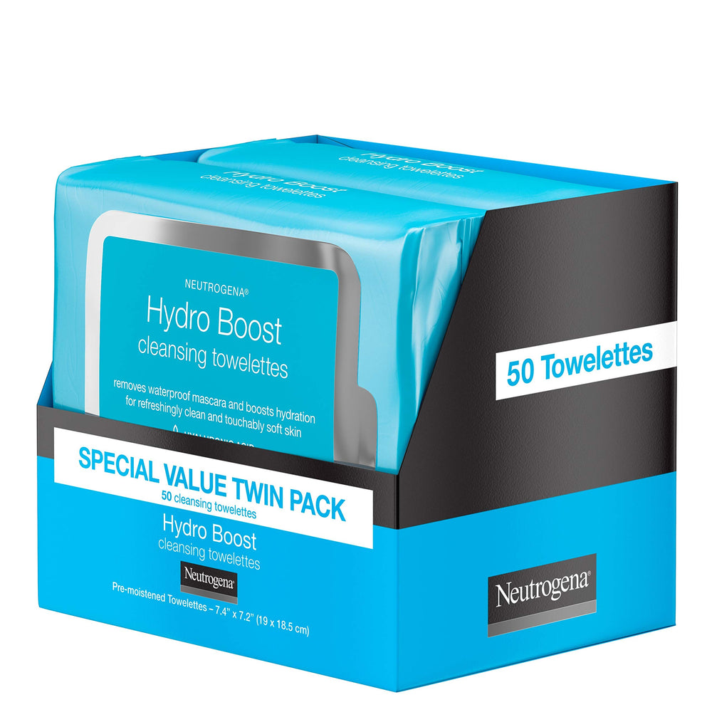 Neutrogena Hydro Boost open tub with a single wipe being pulled out for quick use