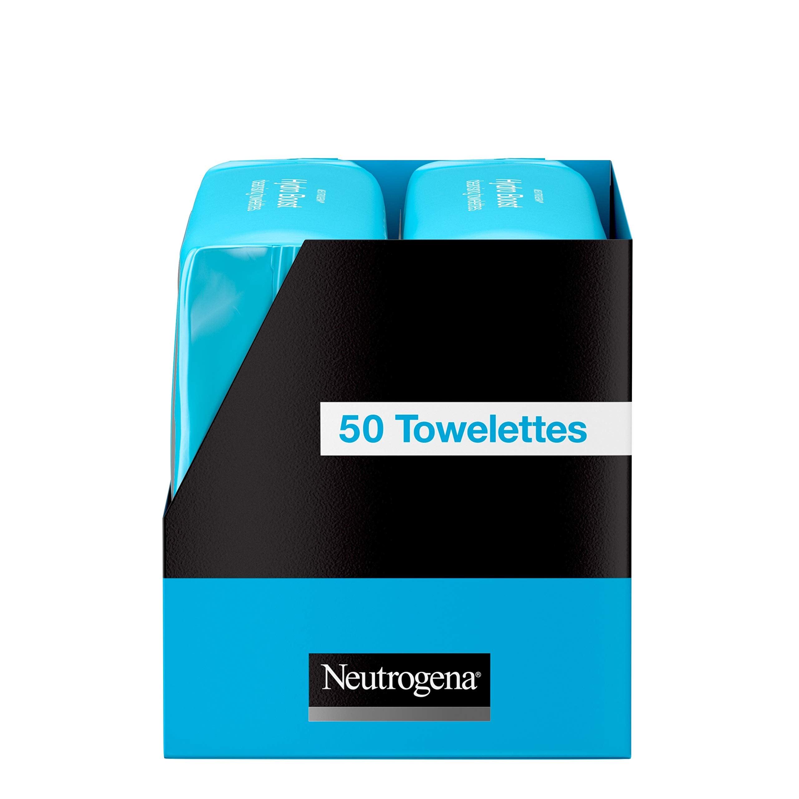 Neutrogena Hydro Boost wipes next to a hand for size and portion clarity and portability