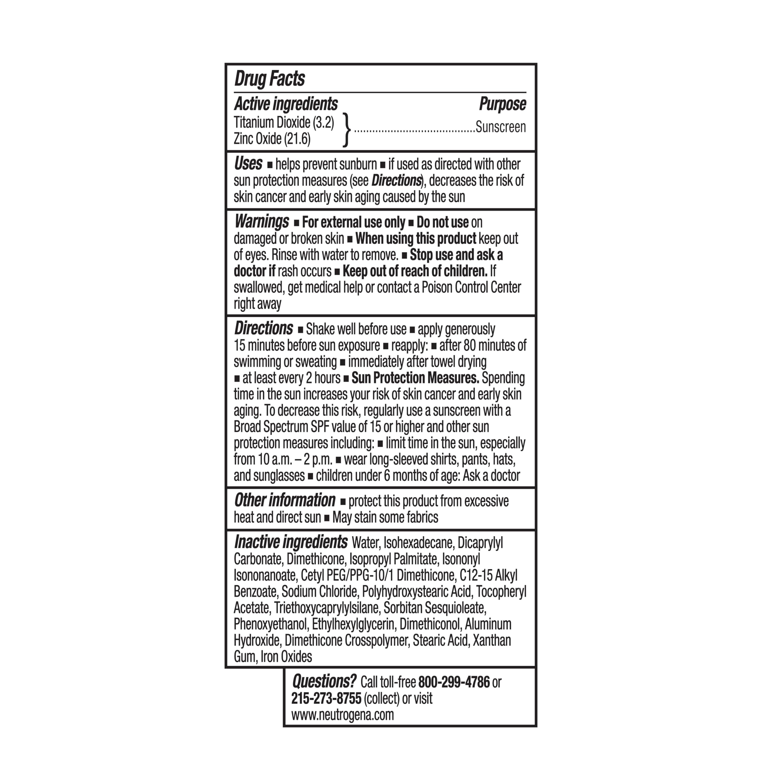 Neutrogena back packaging detail displaying ingredients and usage directions