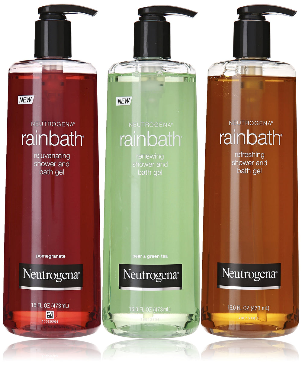 Neutrogena Rainbath 3-pack front view showing three 16 fl oz bottles and variety