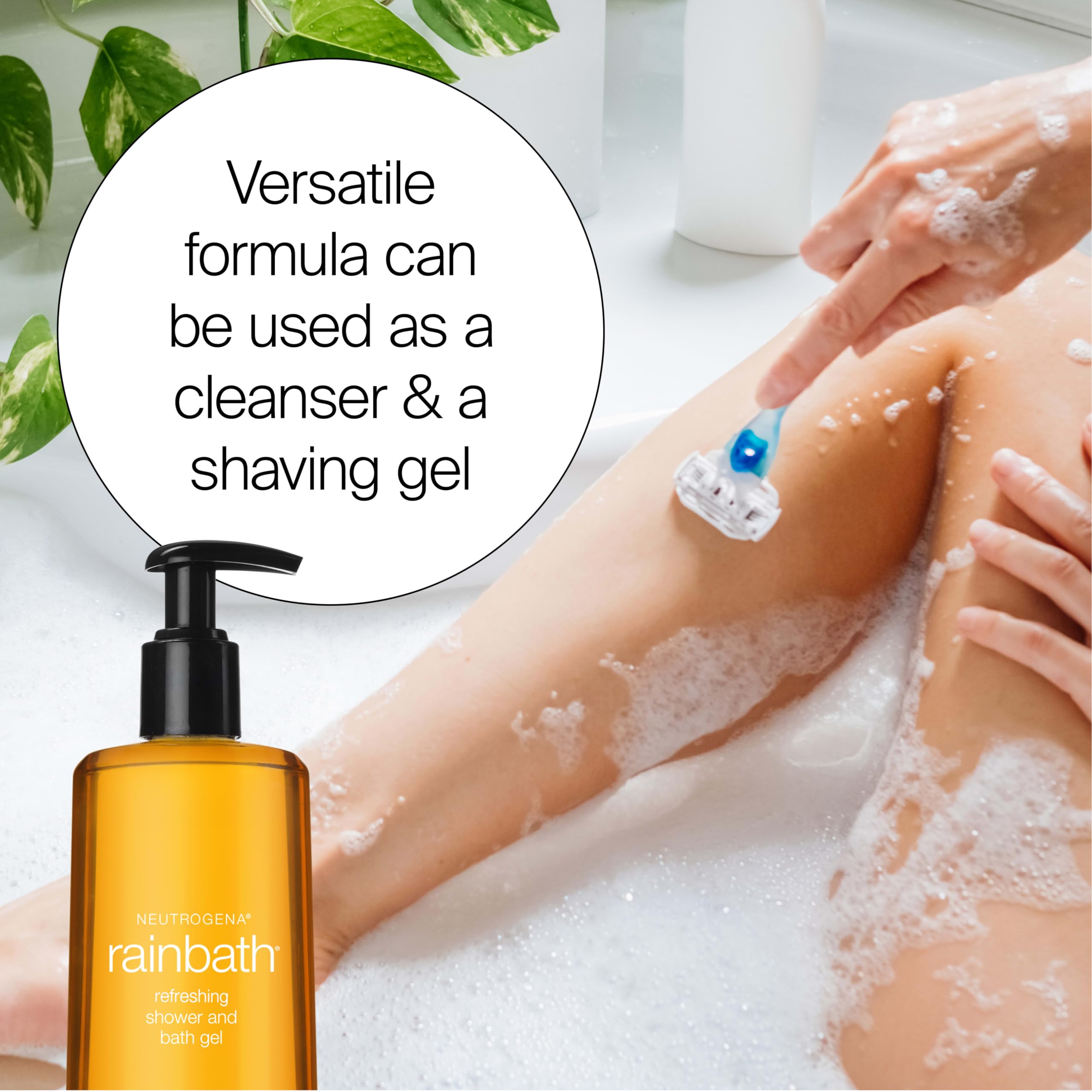 Neutrogena Rainbath added to bath water showing conditioning soak and relaxing benefit