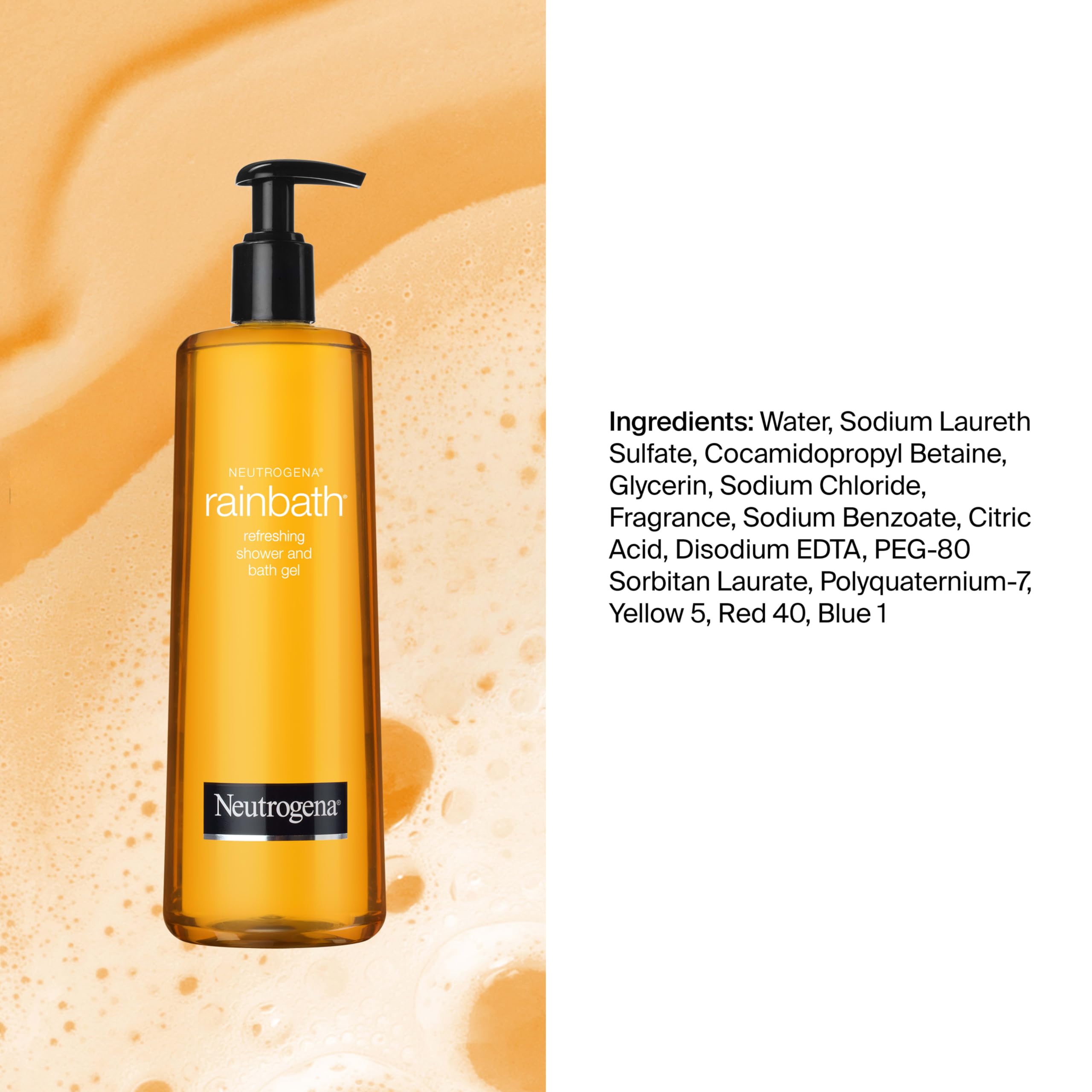 Close view of Neutrogena Rainbath label and ingredient list showing transparent product details
