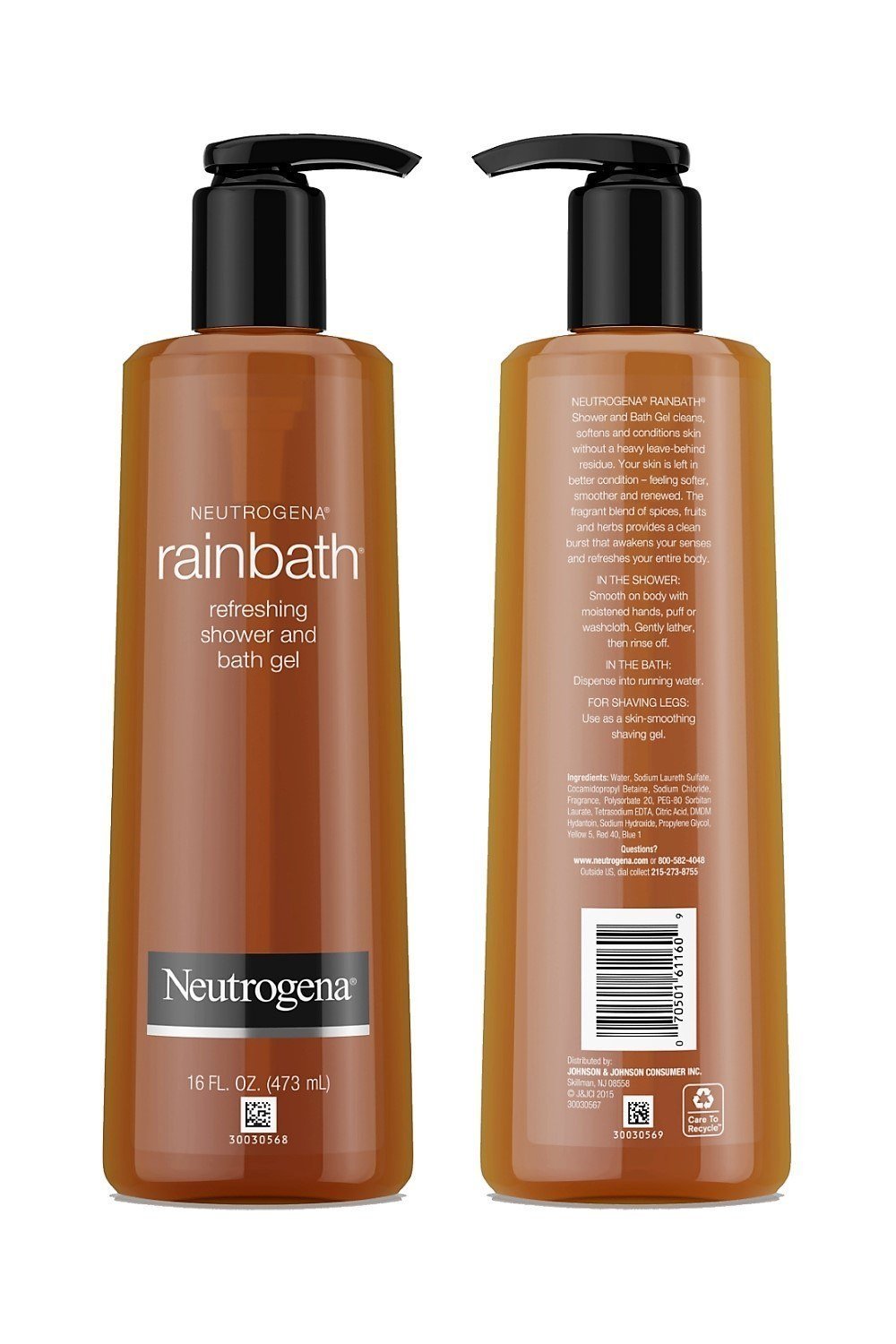 Neutrogena Rainbath bottles staged in a bathroom offering scent variety and easy shower access