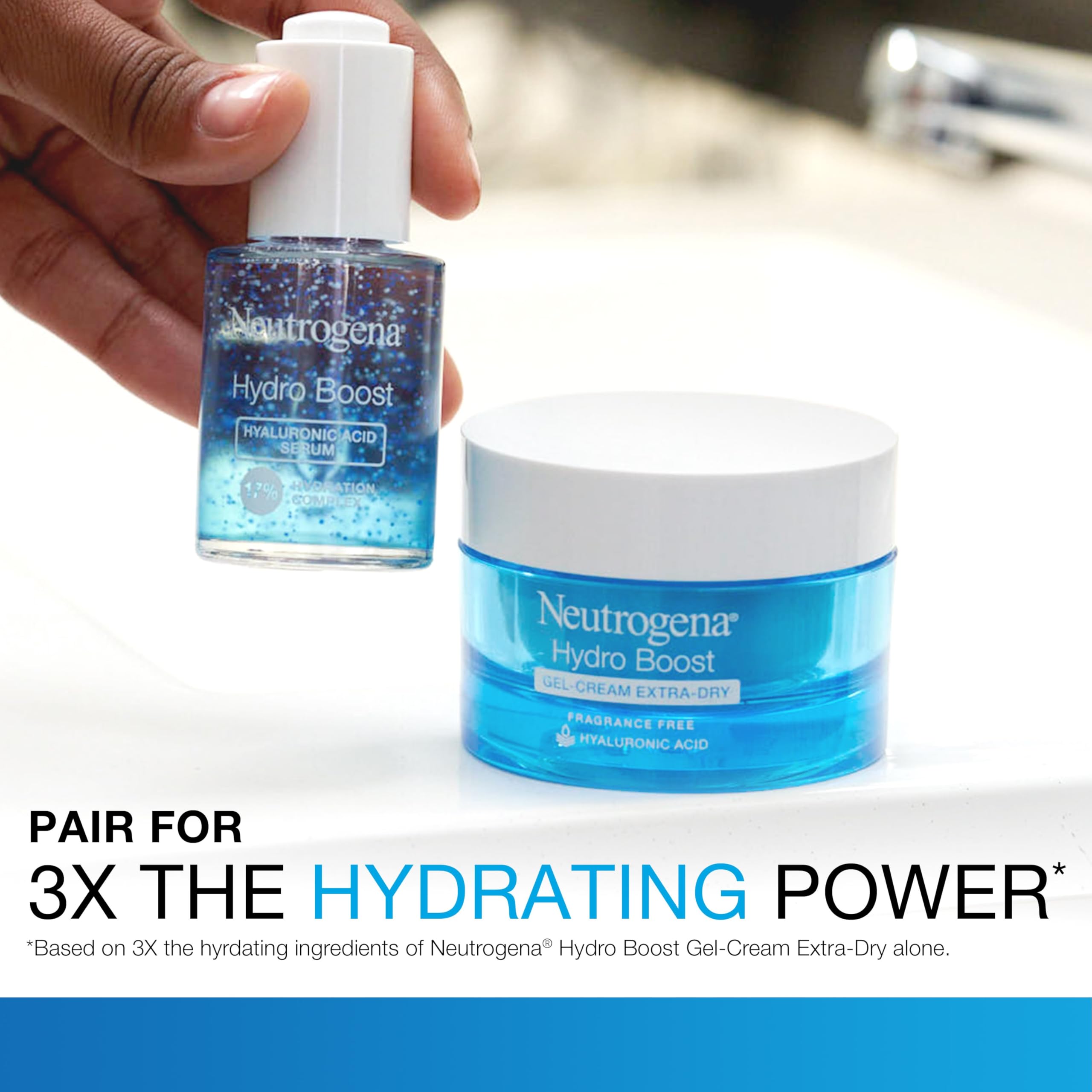 Neutrogena applying serum to face with fingertips, illustrates smooth layering under moisturizer