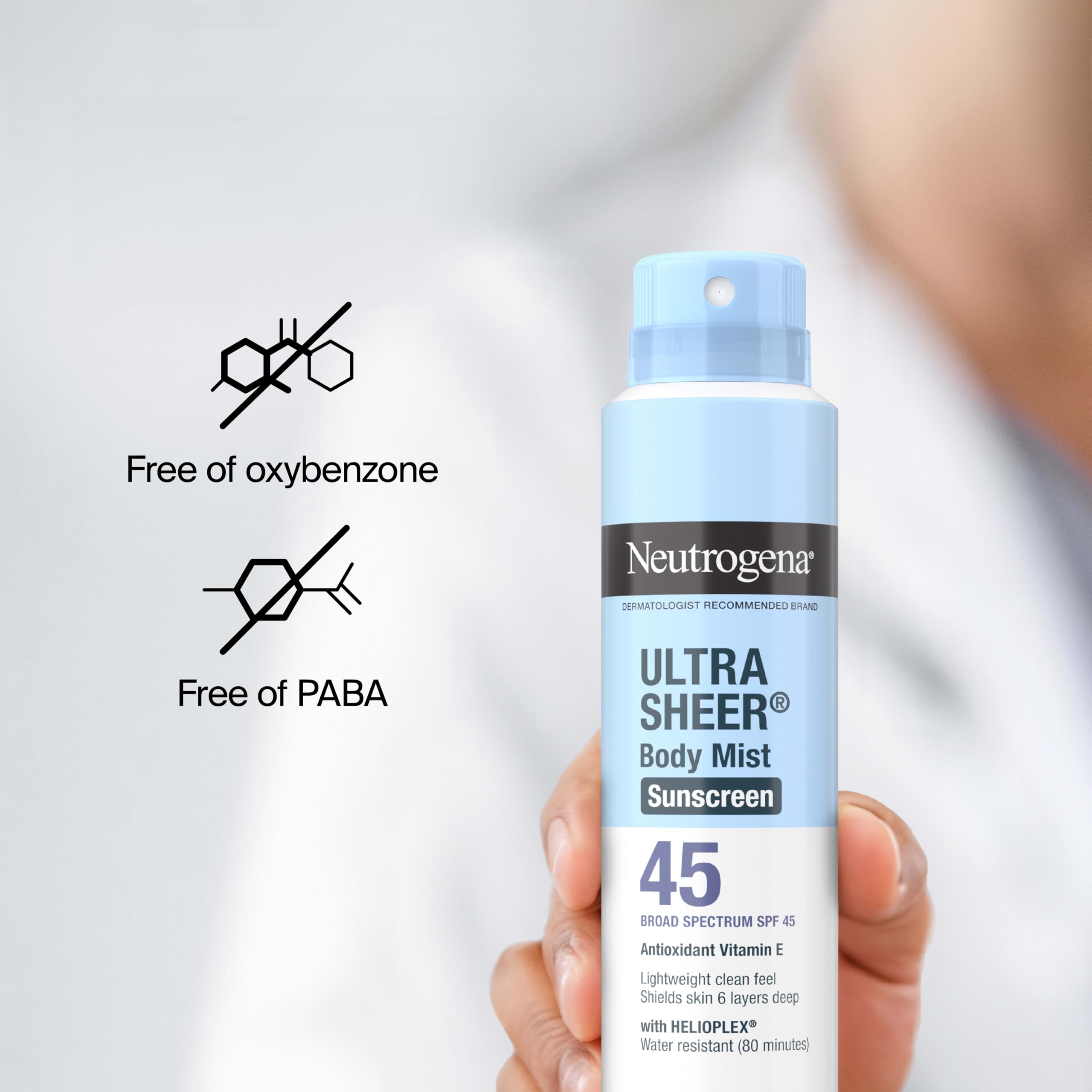 Neutrogena sunscreen spray used at the beach providing water-resistant protection