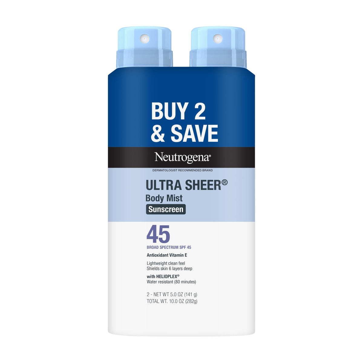 Neutrogena front packaging showing SPF 45 protection and two-pack convenience