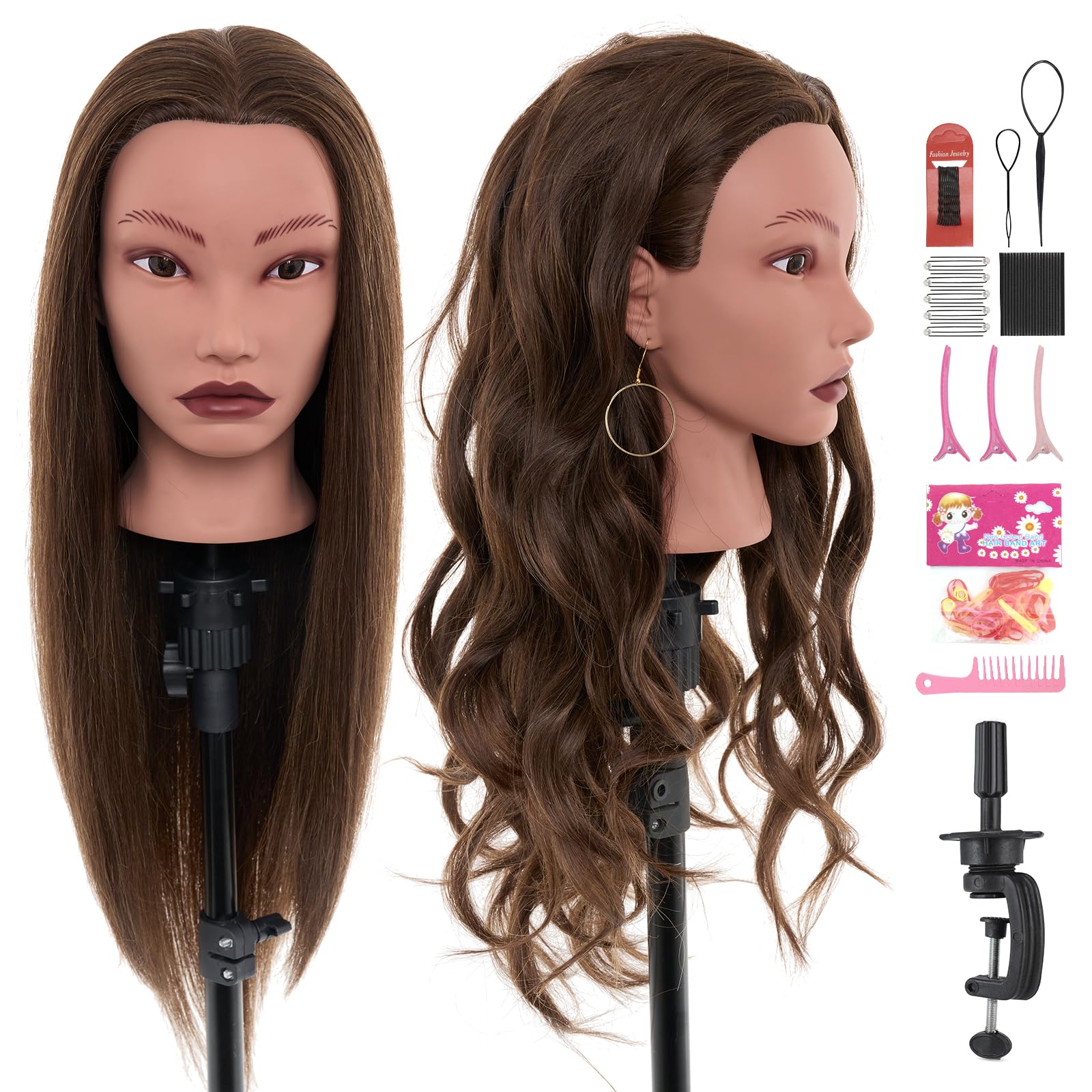 Neverland Beauty & Health front view mannequin head showing full 20-inch hair for realistic practice