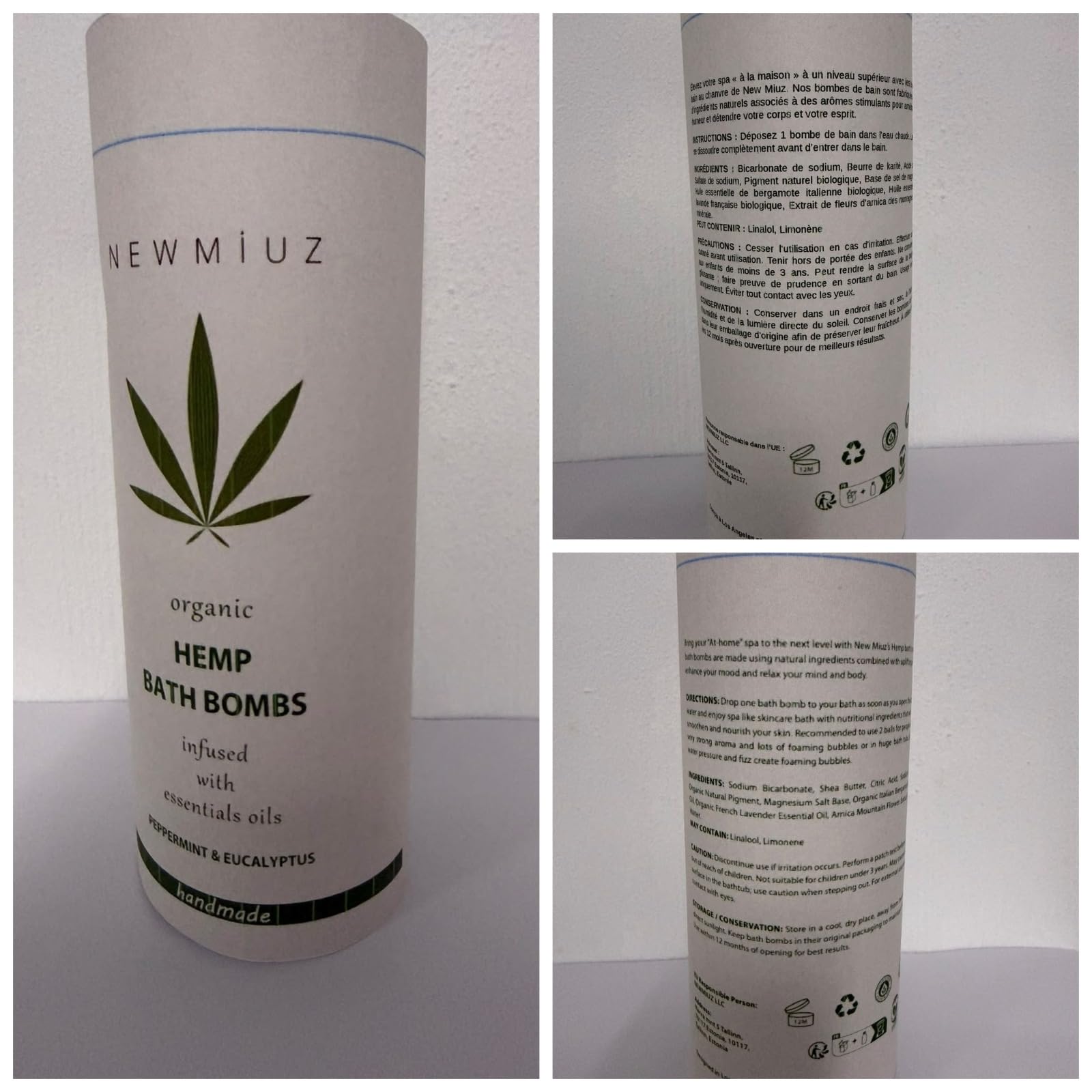 New Miuz peppermint and eucalyptus essential oil bottles paired with bath bomb