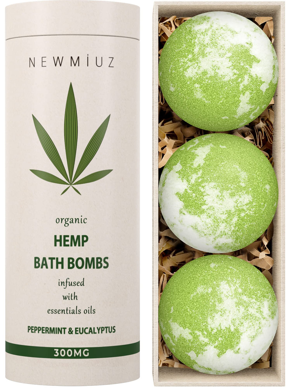 New Miuz front packaging showing three hemp bath bombs and gift presentation