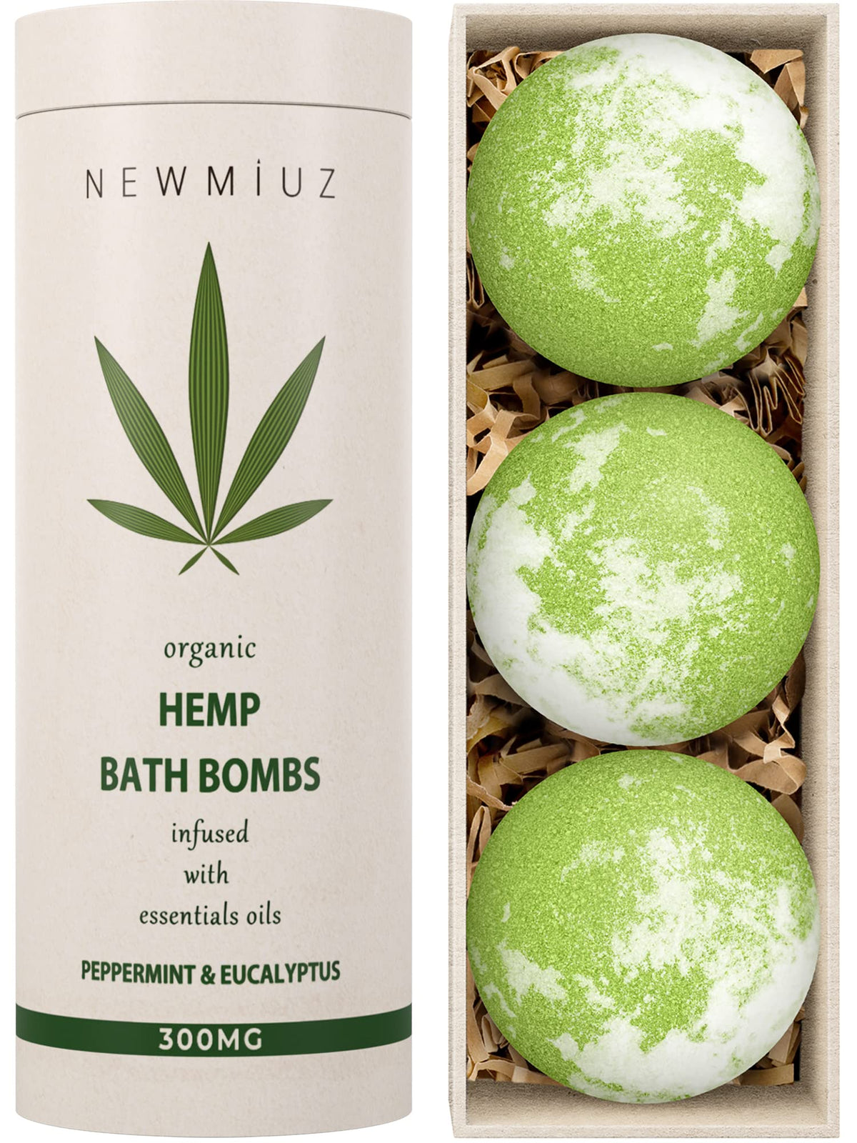 New Miuz front packaging showing three hemp bath bombs and gift presentation