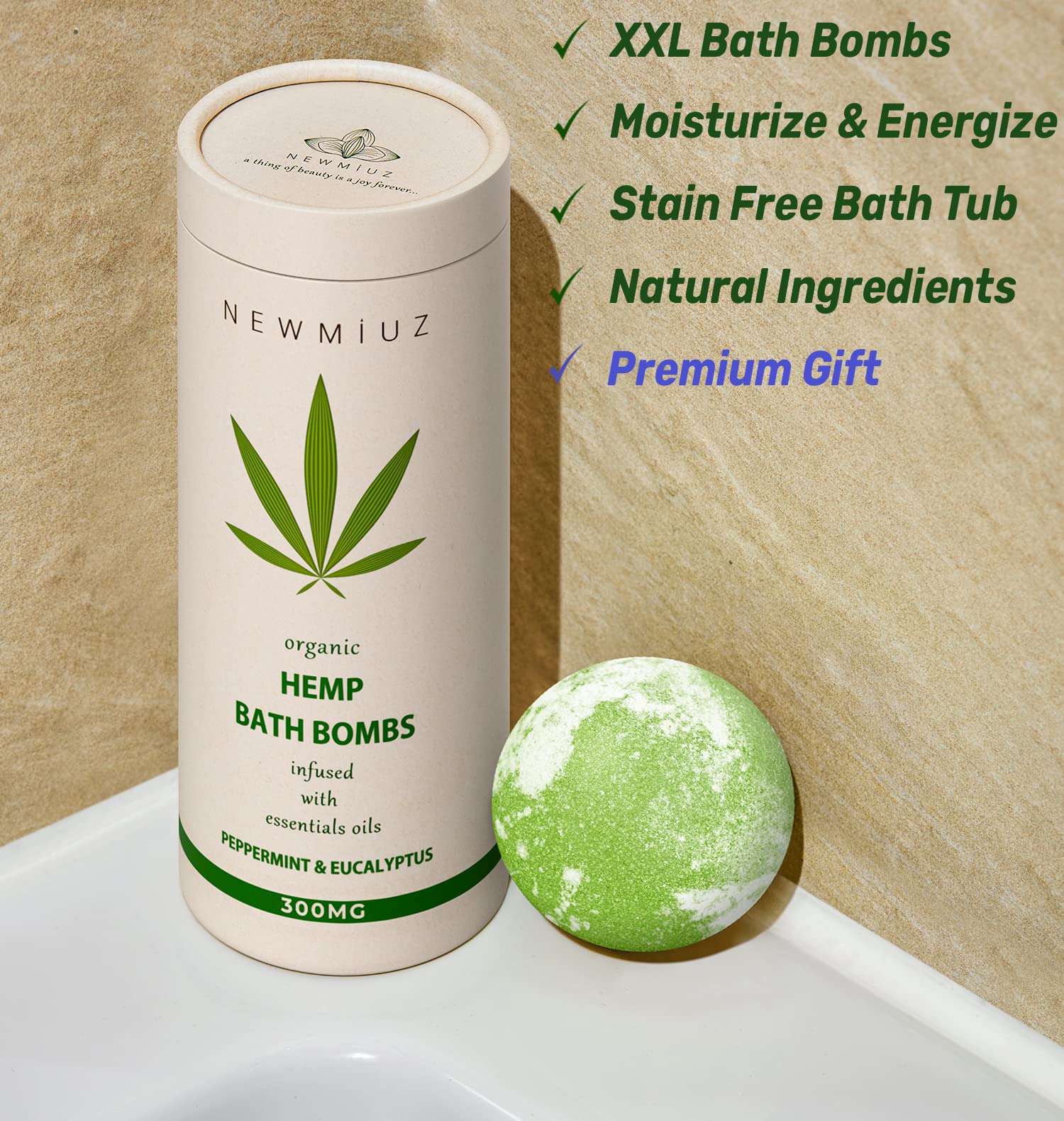 New Miuz bath bombs staged in a bathroom setting for a relaxing self‑care ritual