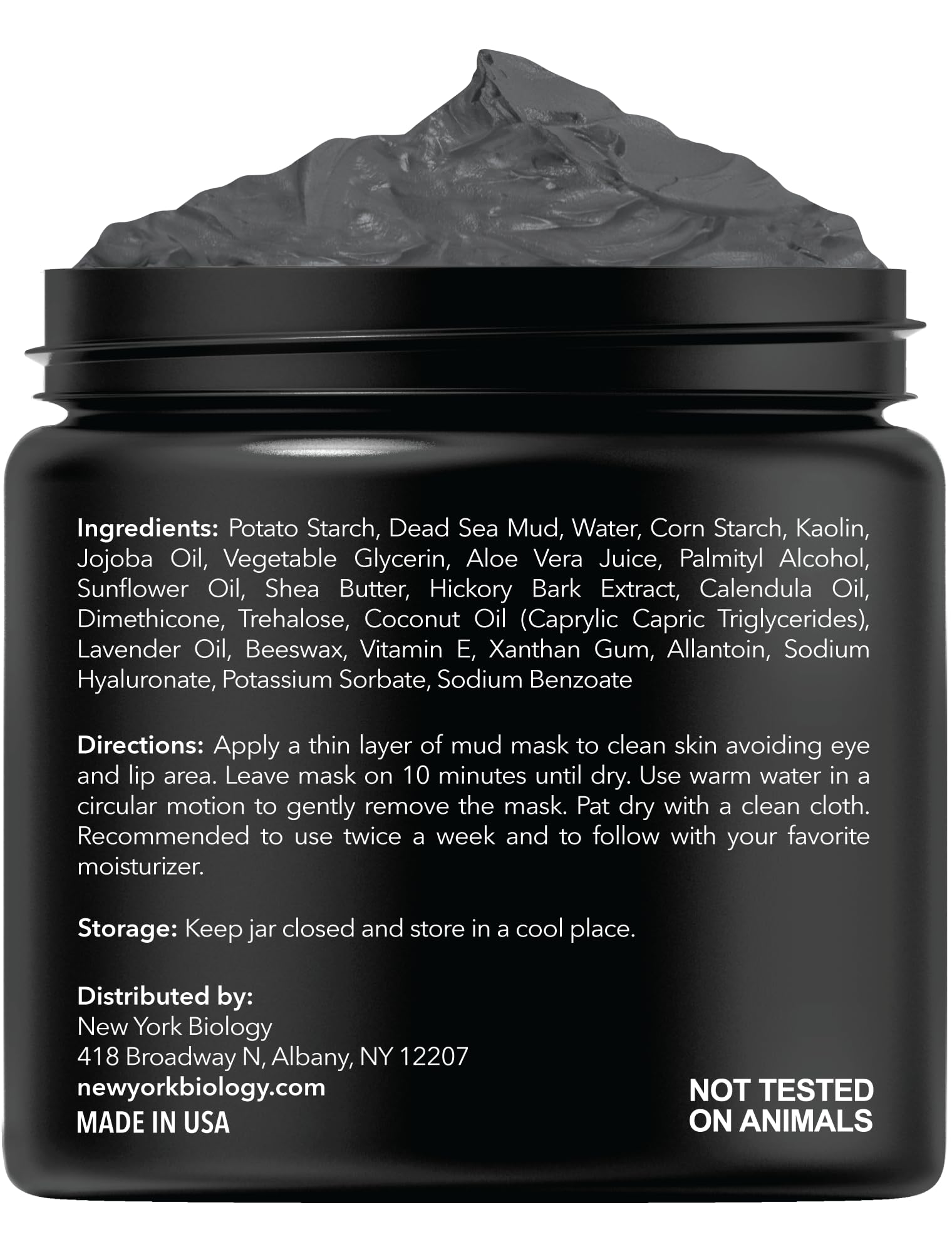 New York Biology open jar showing smooth Dead Sea mud texture and consistency