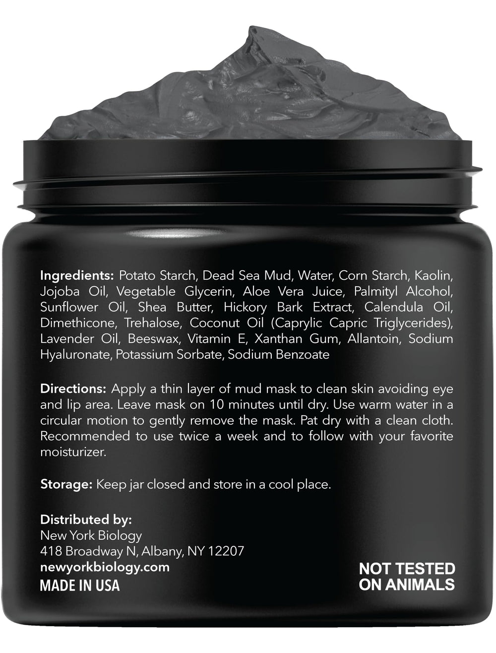 New York Biology open jar showing smooth Dead Sea mud texture and consistency