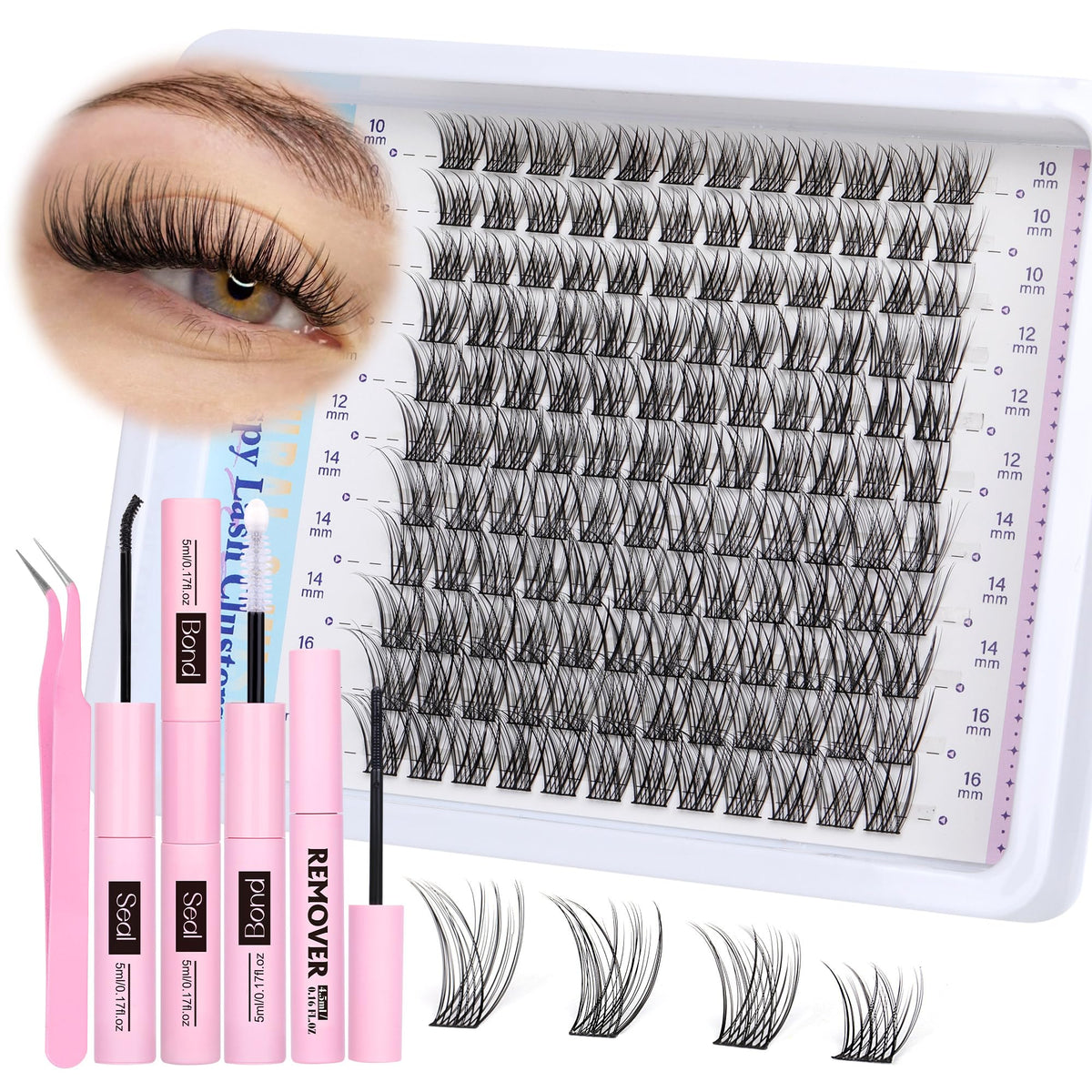 Newcally front packaging showing complete cluster lash kit and contents for easy use